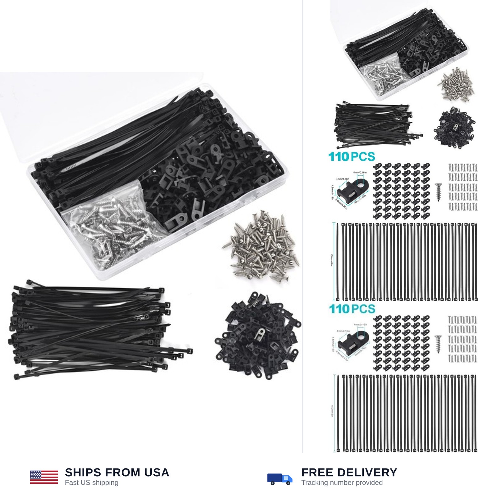 110 Pcs Cable Zip Tie Mounts Wire Cable Clips Organizer Holders with 6" Cable...