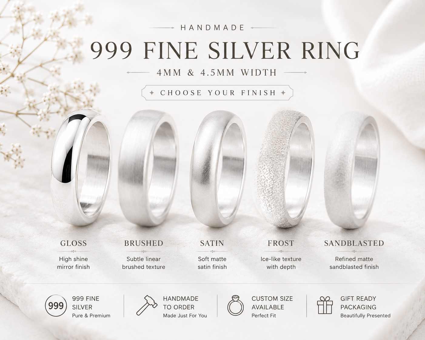 Handcrafted 999 Fine Silver Ring • Comfort Fit Band width 4mm 4.5mm • Engravable