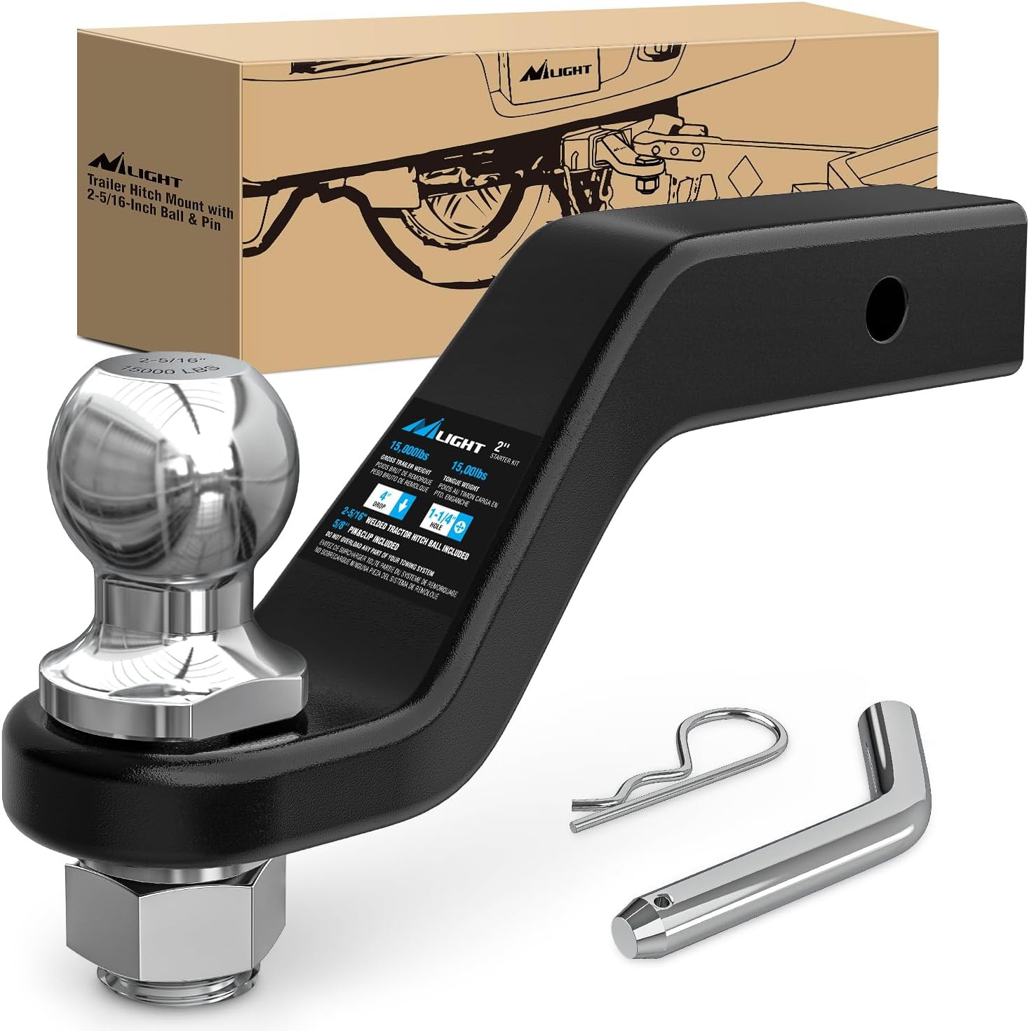 Forged Trailer Hitch Mount with 2-5/16-Inch Ball Fits 2 Inch Receiver Square 5/8
