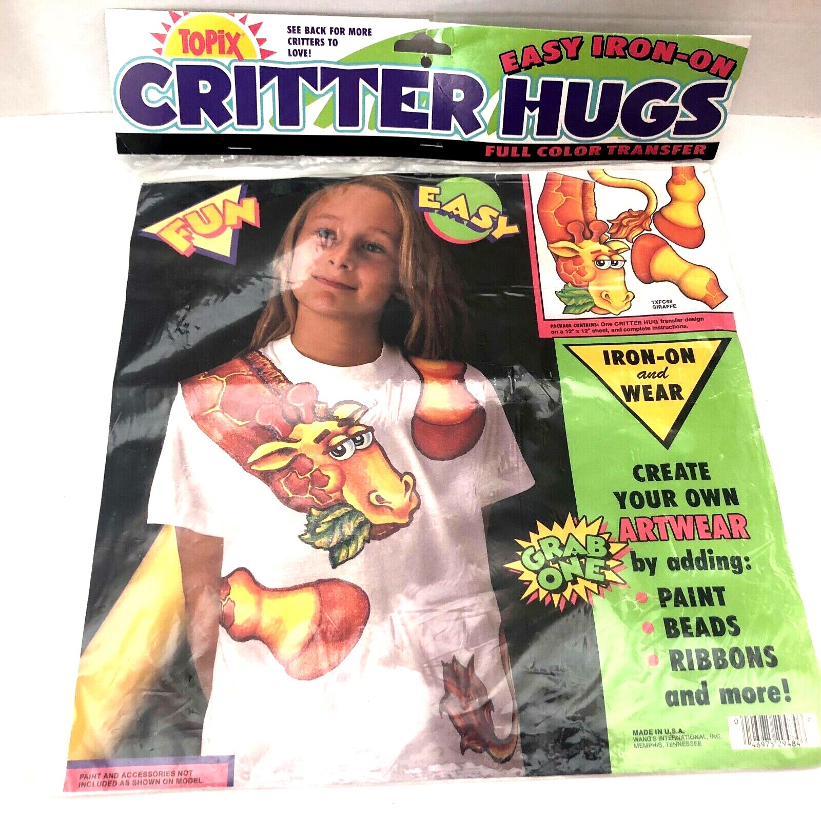 Vintage Critter Hugs Giraffe Iron On & Wear Transfers ArtWear 1991 Made in USA