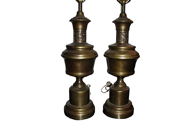Antiqued Brass Cut Out Lamps, Pair