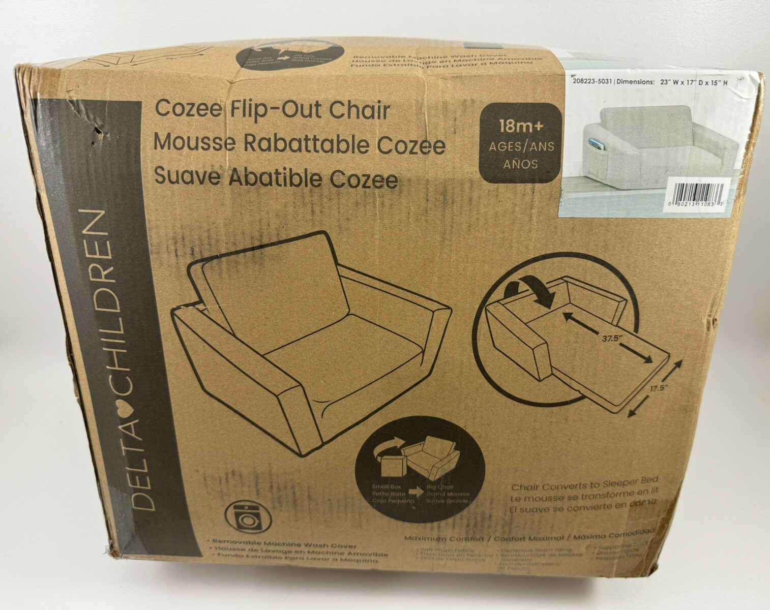 Delta Children Cozee Flip-Out 2-in-1 Convertible Chair to Lounger Gray NEW