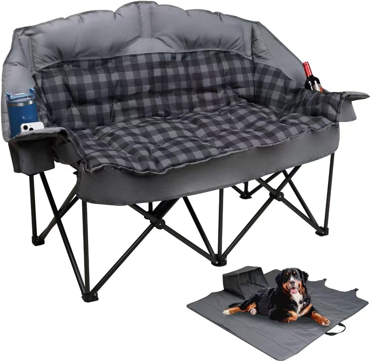 Oversized Double Camping Chair with Cup Holders & Carry Bag - Grey