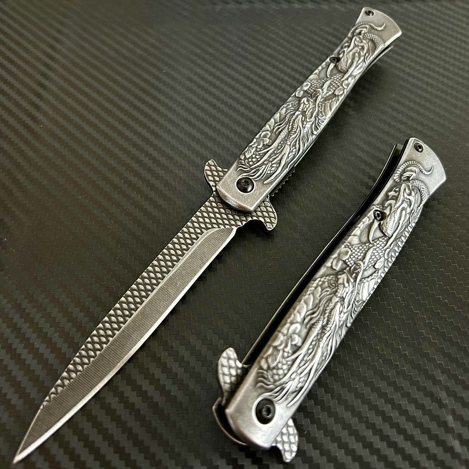 9” Stonewashed Dragon Tactical Spring Assisted Open Blade Folding Pocket Knife
