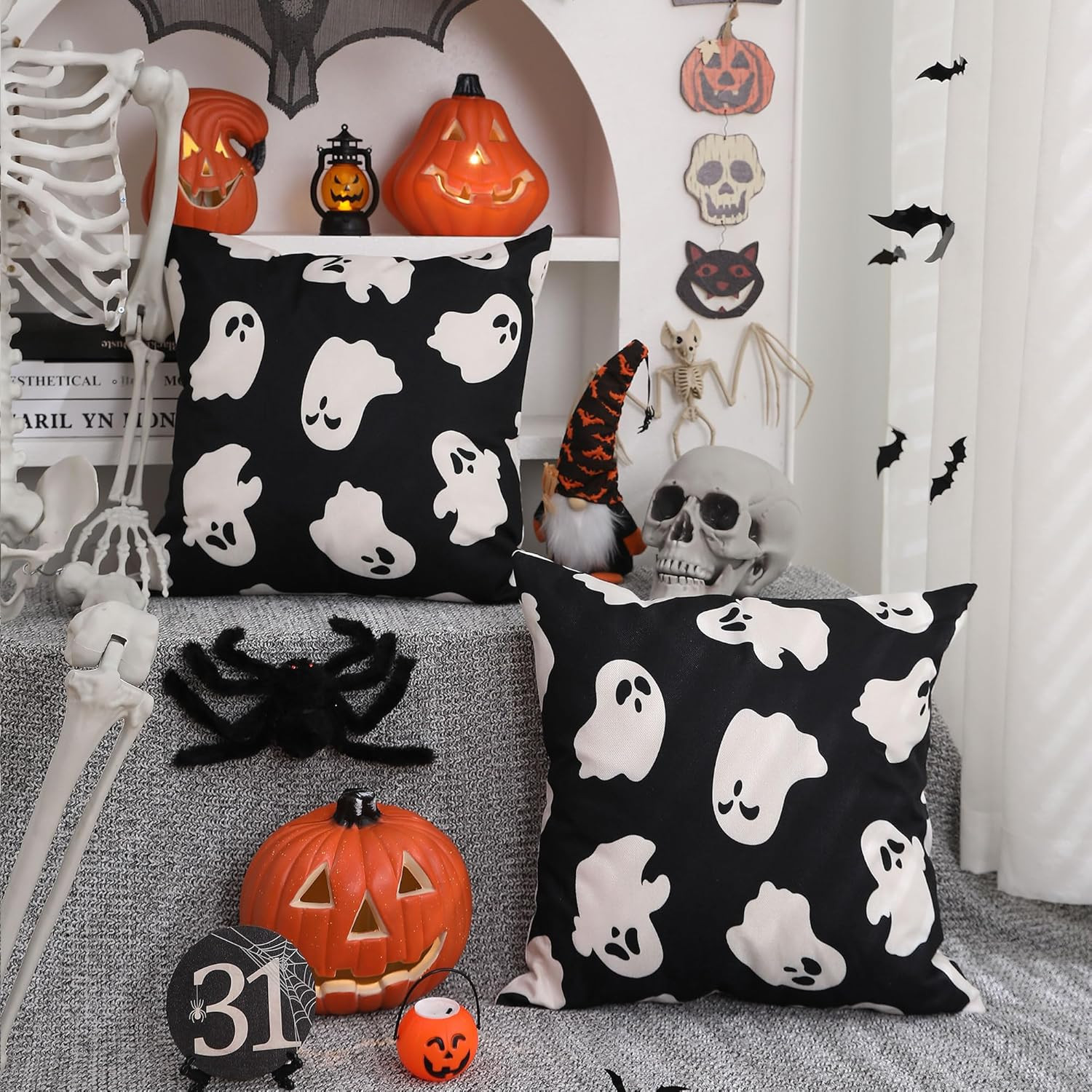 Halloween Pillow Covers 18X18 Inch Set of 2 Happy Halloween White Ghost Decor Bl