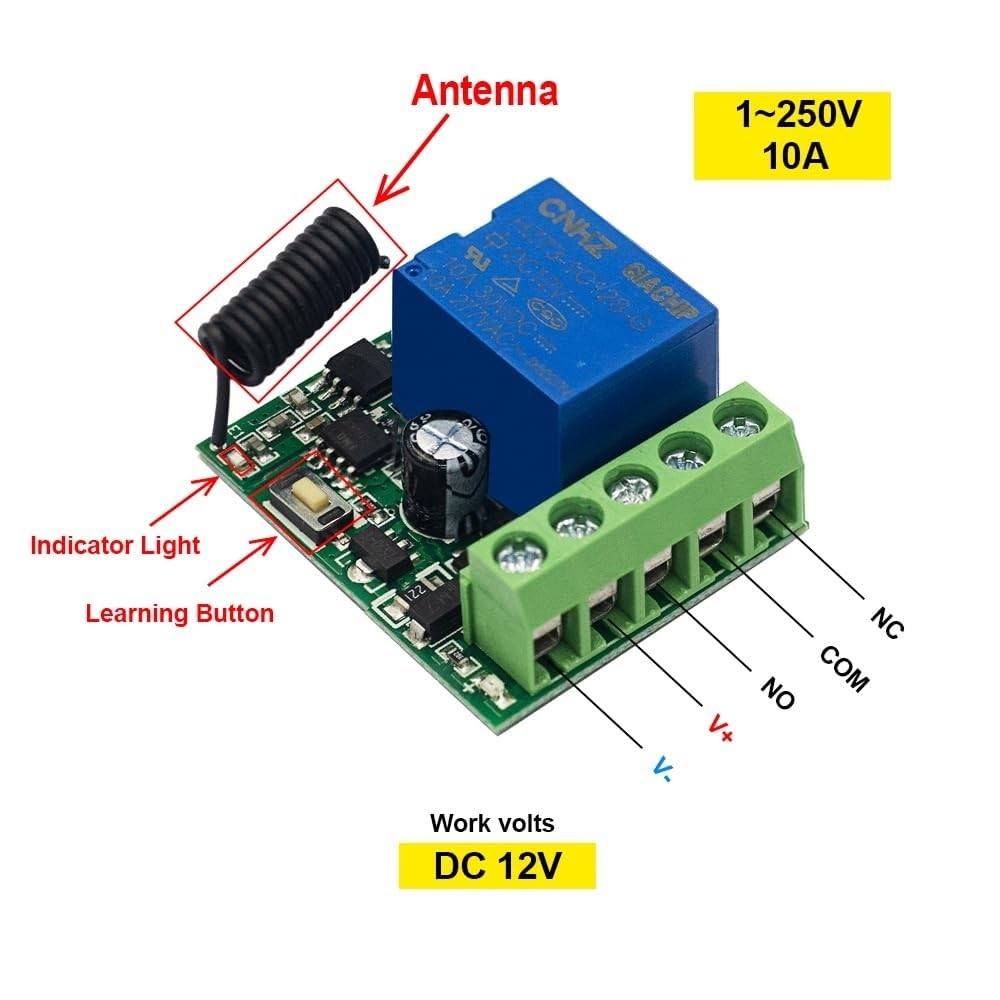 QIACHIP 433Mhz Universal Wireless Remote Control Switch DC 12V 1CH Relay Rece...