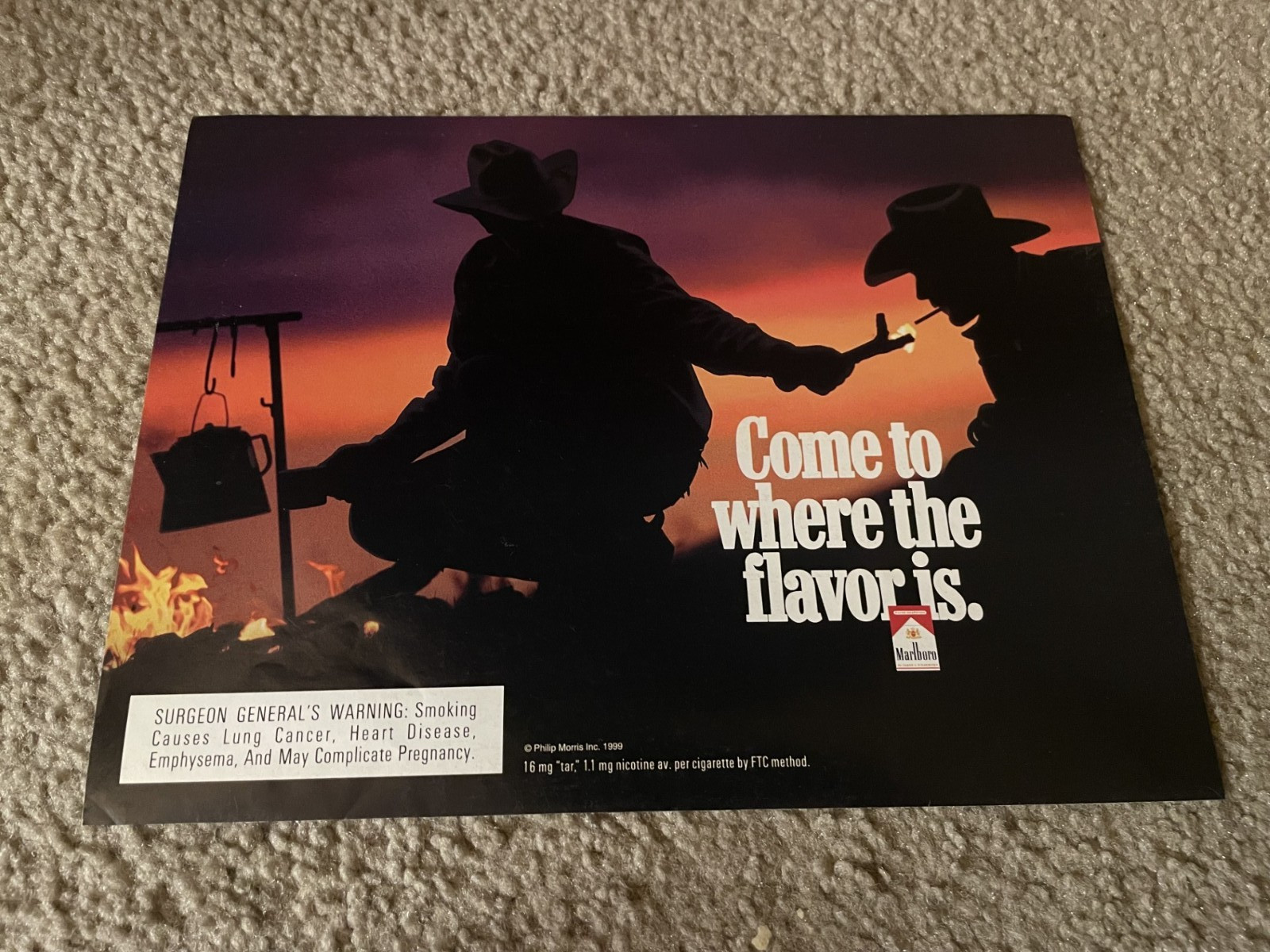 Vintage 1999 MARLBORO CIGARETTES Print Ad 1990s COWBOYS CAMPFIRE