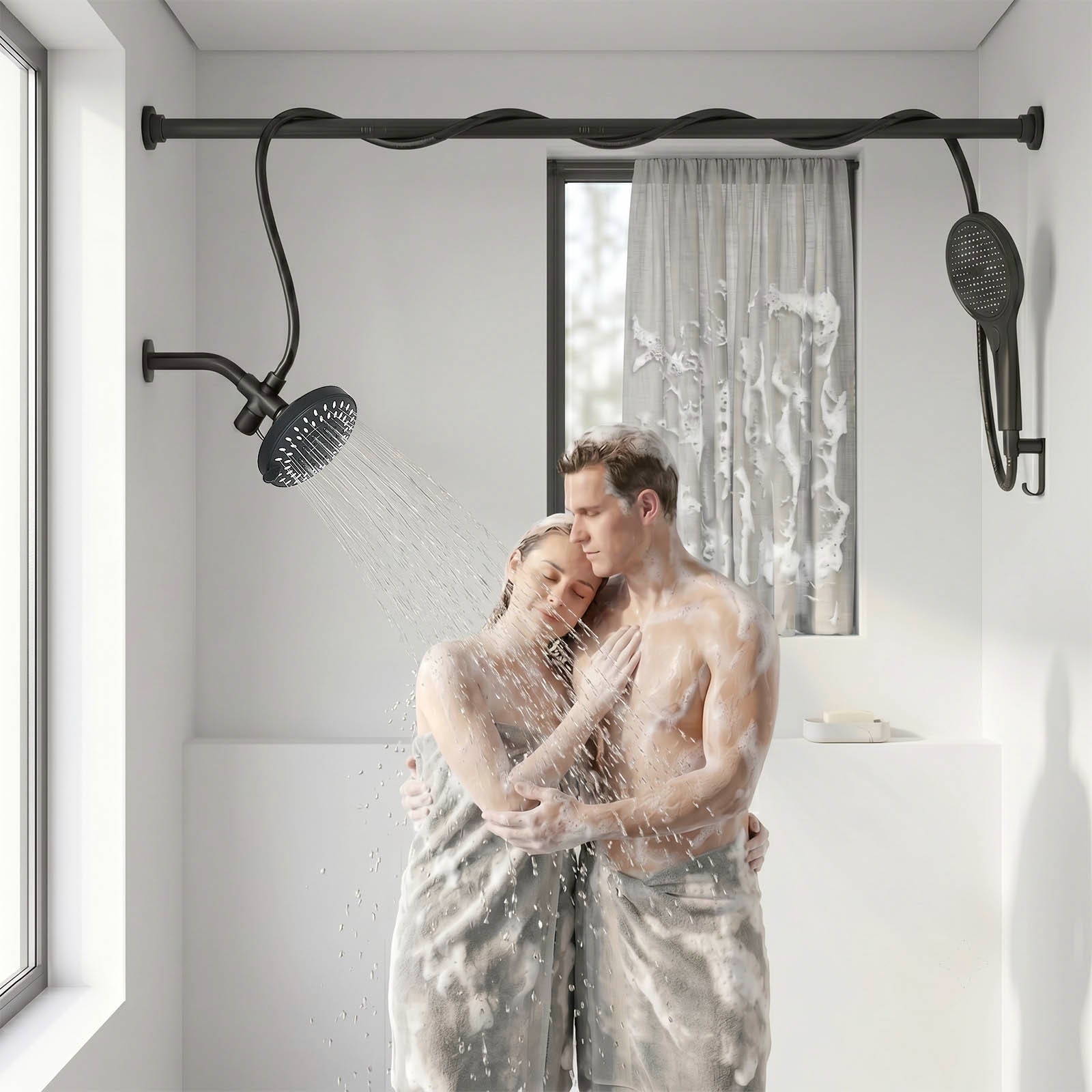 High Pressure Black Adjustable Dual Shower Head with Handheld System for Couples