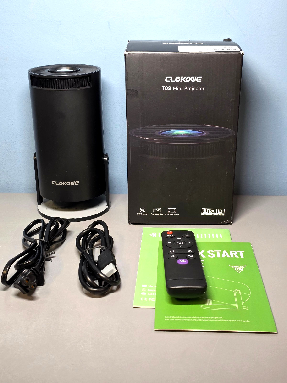 Clokowe T08 Mini Projector Ultra HD High Dynamic Range 200" Projection Size