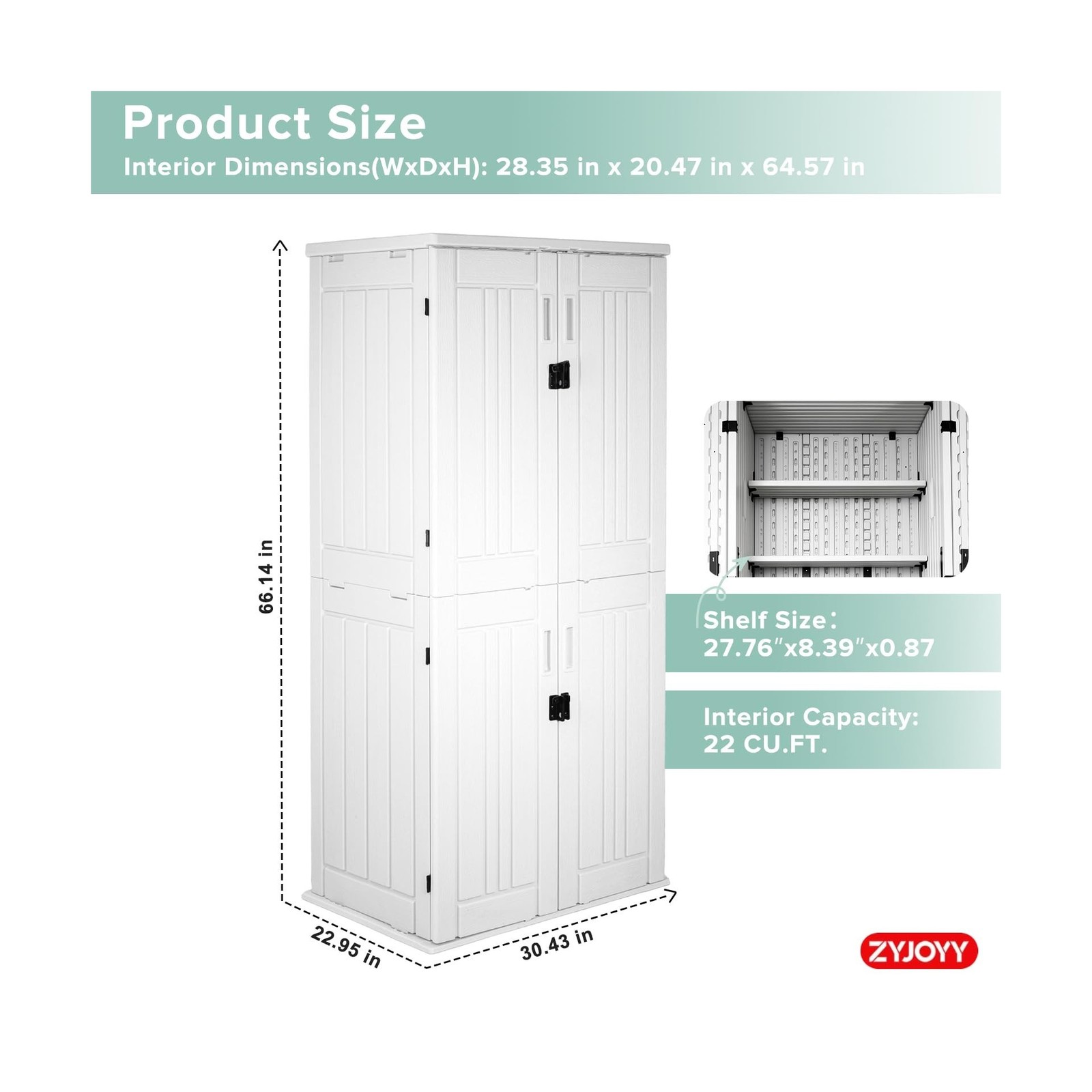 ZYJOYY Outdoor Storage Cabinet with 4 Shelves, 31.5" x 23.23" x 66.22" White ...