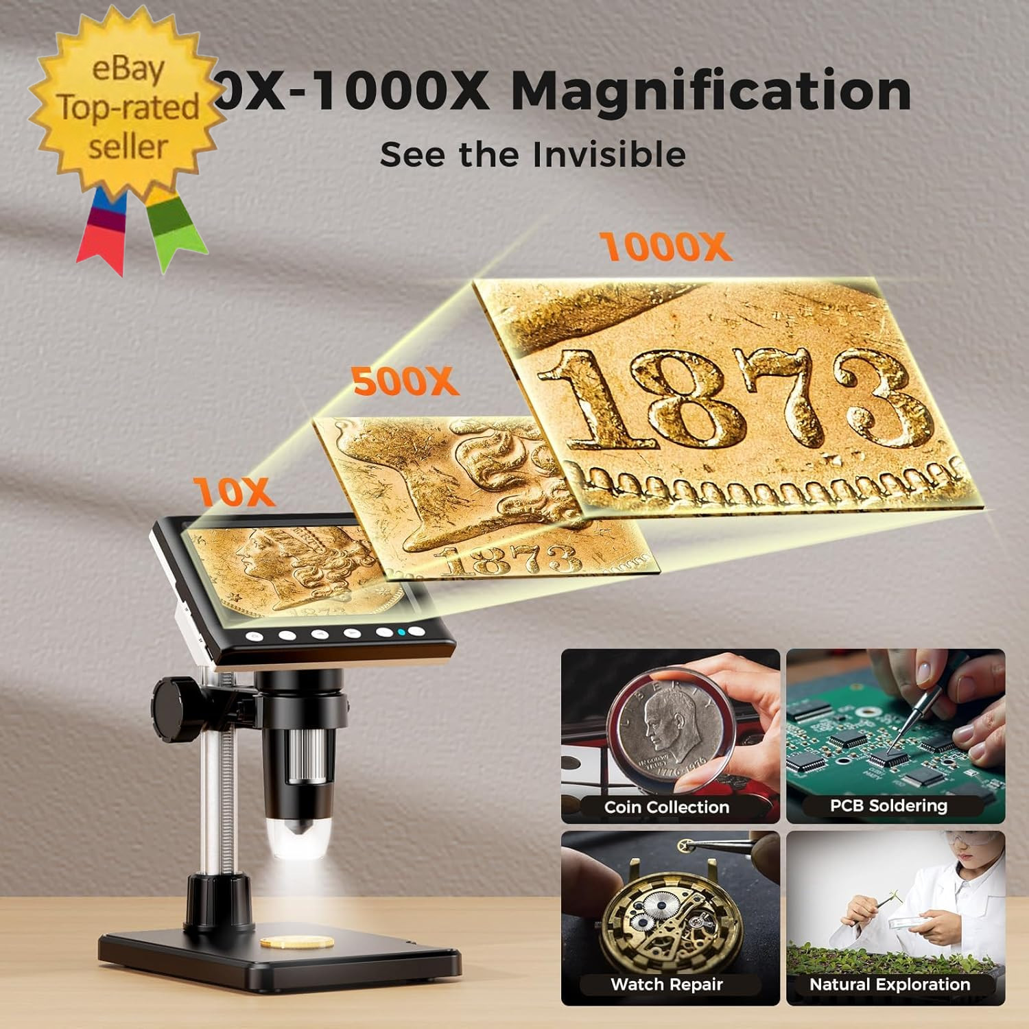 4.3 Inch LCD Digital Coin Microscope,1000X USB Magnfier 8 Adjustable LED Lights