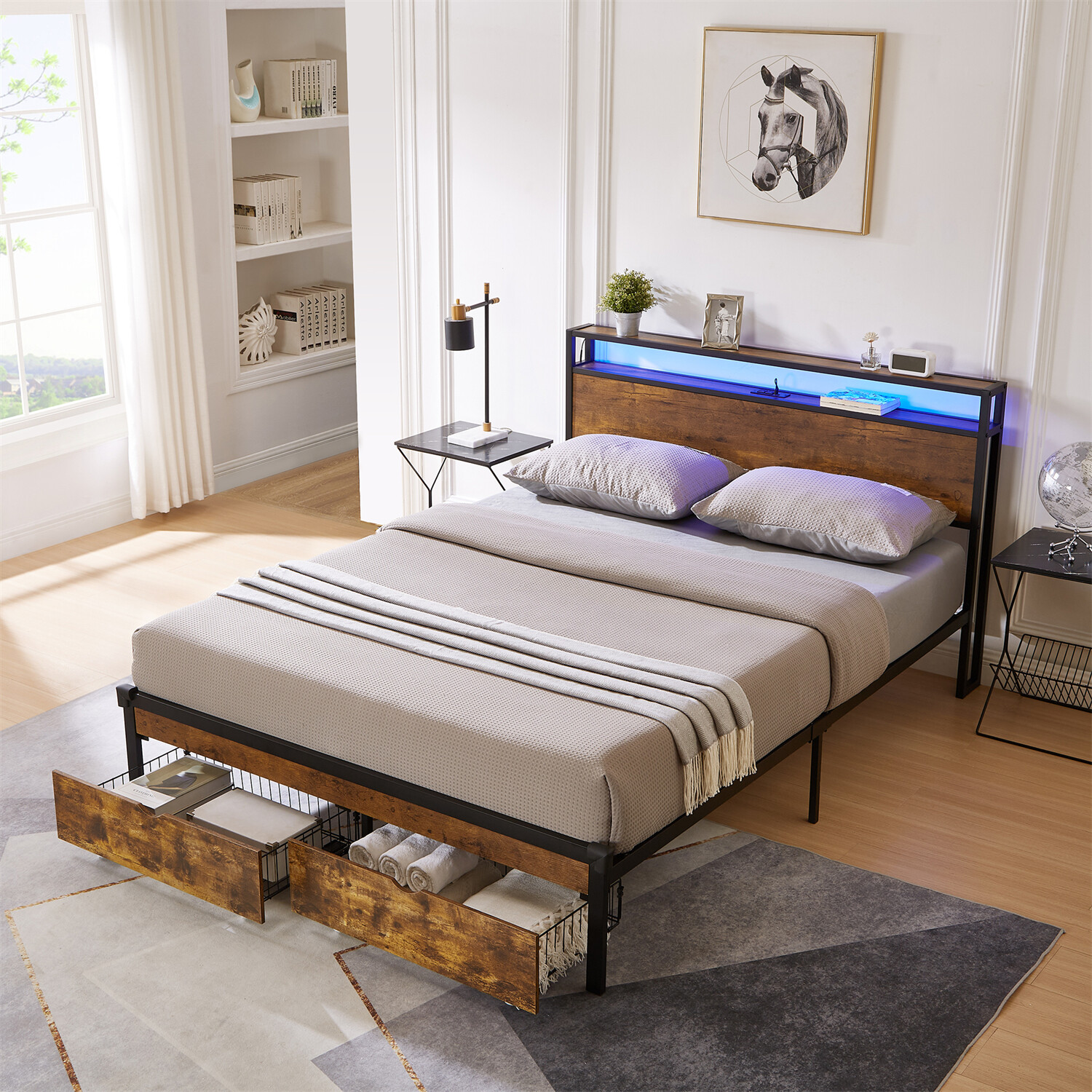 Full/Queen/King Size Bed Frame Metal Platform Bed with Charging Station US