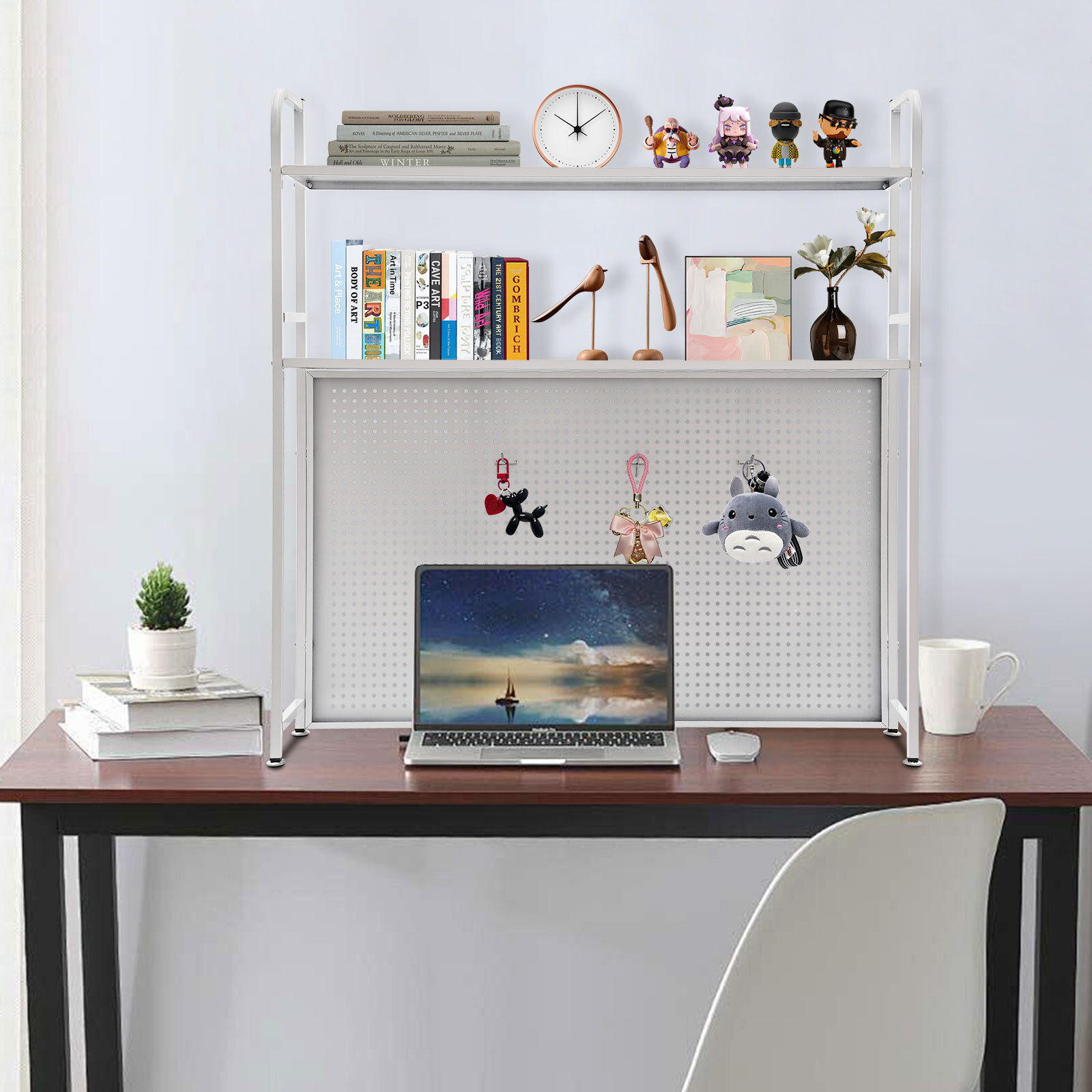 2-Tier White Desk Bookshelf with Hooks Freestanding Metal Hole Board