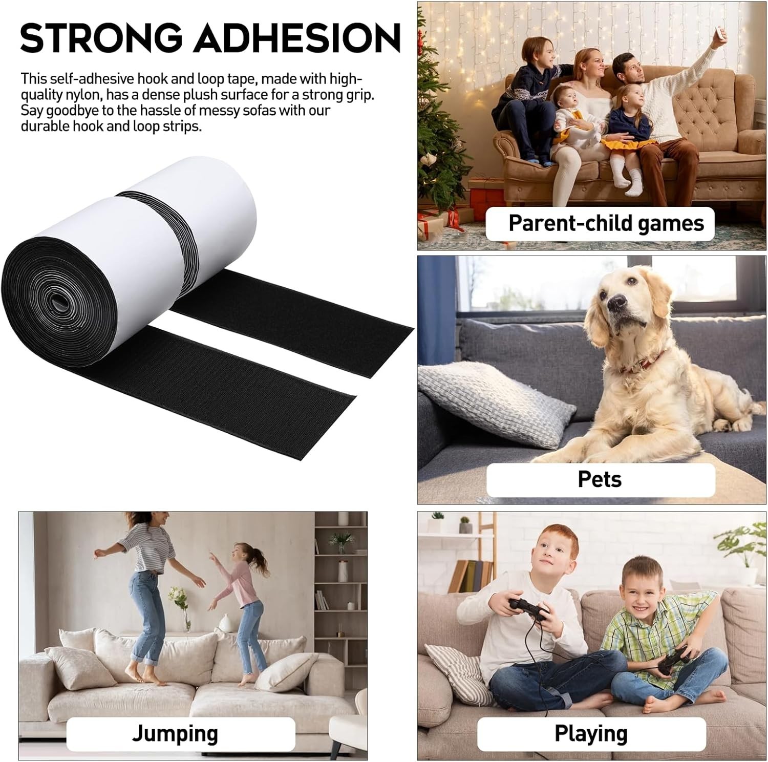 **4.4" x 7FT Heavy Duty Adhesive Hook & Loop Tape Sticky Back Black**