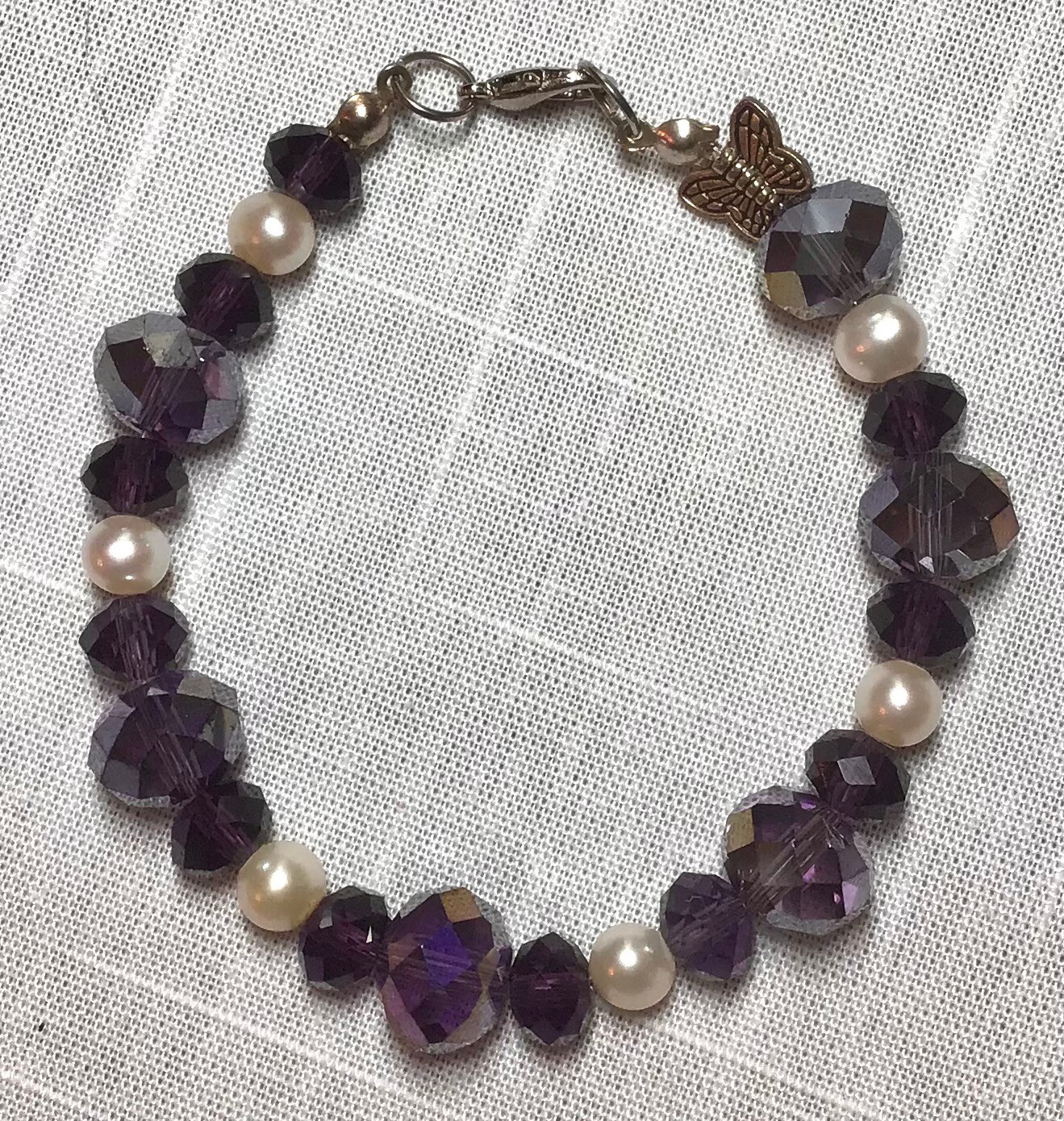 Handcrafted Purple Crystal & Pearl Beaded Bracelet w/ AB beads.  Elegant !