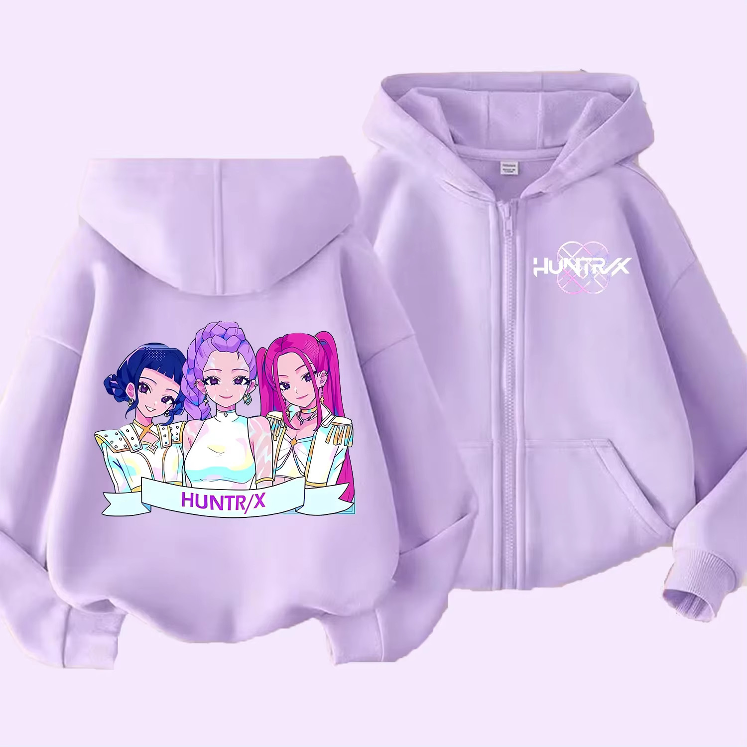 KPop Demon Hunters Purple Zipper Hoodie Kids Anime Cartoon Jacket Sweatshirt Gif
