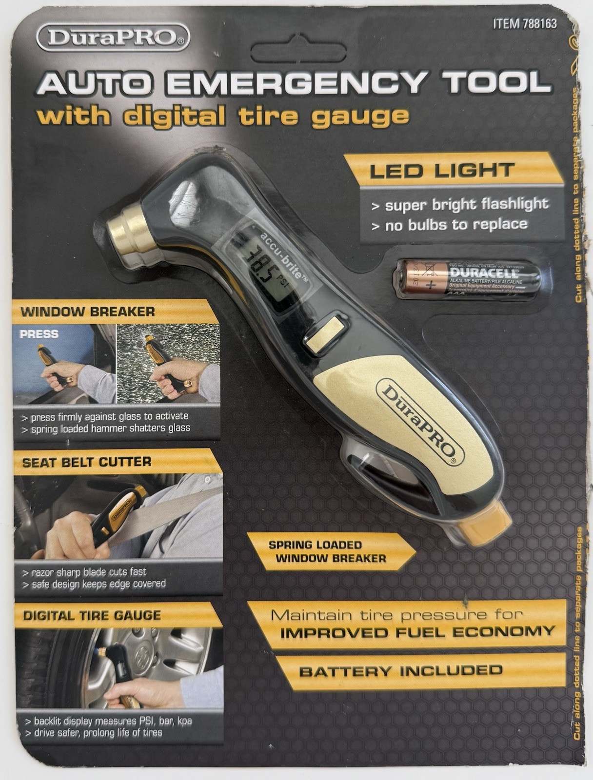 DuraPRO Auto Emergency Tool with LED Flashlight and Digital Tire Gauge - New