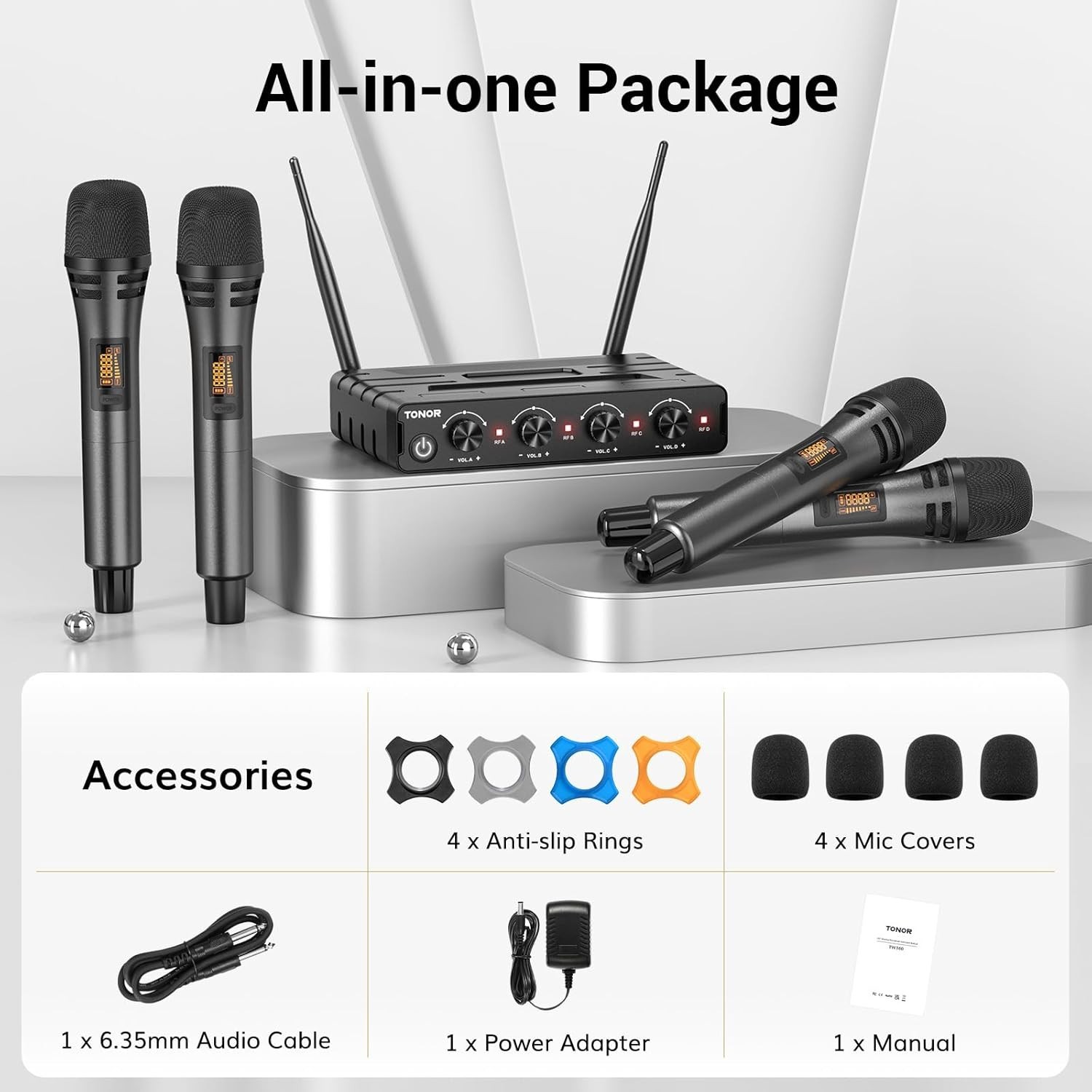 Wireless Microphone System - 4 Handheld Mics, 200ft Range for Karaoke Events