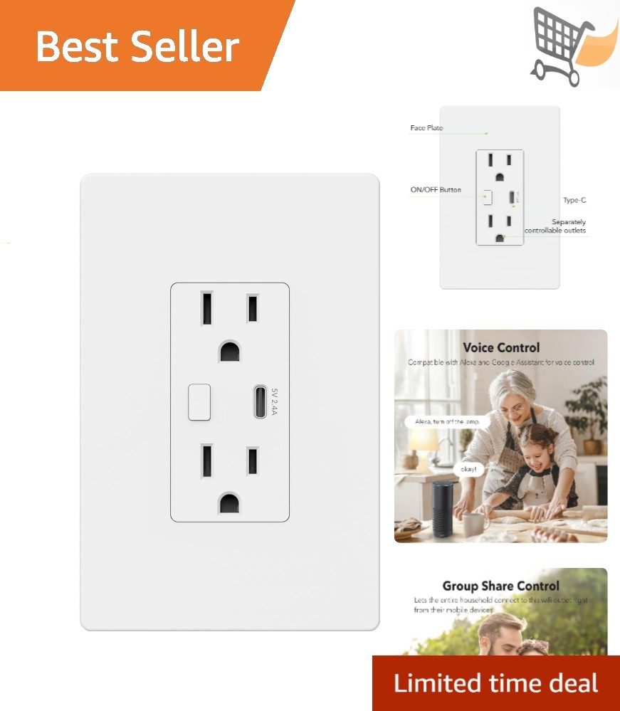Smart Wi-Fi Outlet with 2 Controlled Plugs Type-C Charging Voice App Alexa Go...