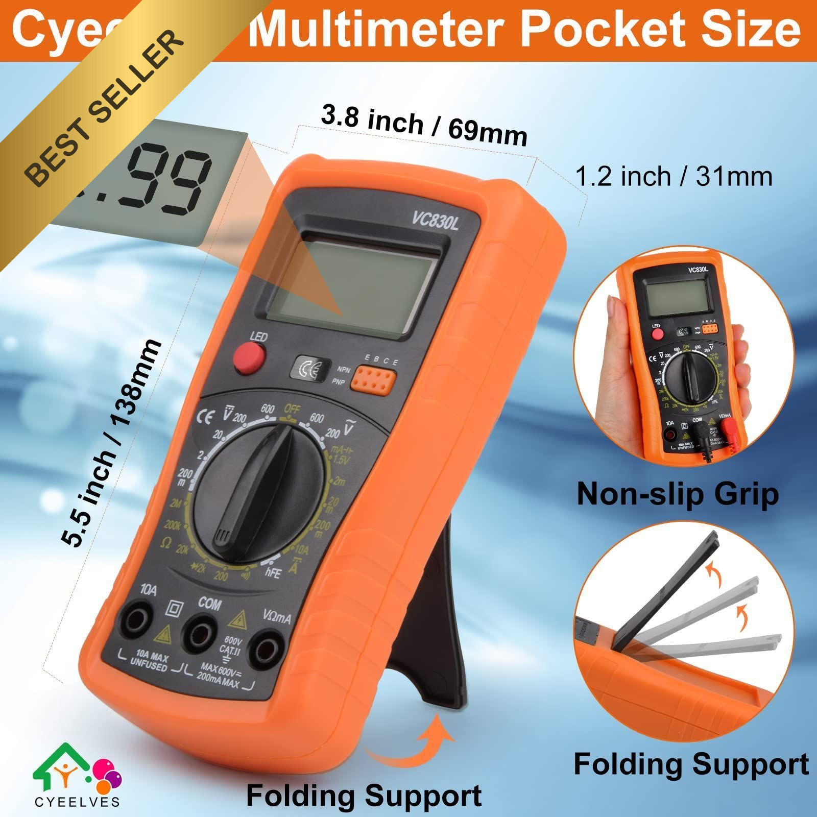 Digital Multimeter AC DC Voltmeter Ohm Amp Tester Backlit Battery Pocket Meter