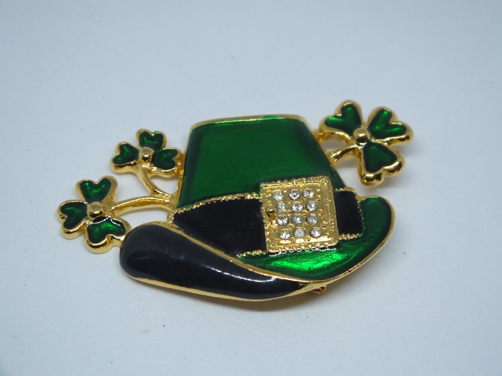 Beautiful Brooch Pin Gold Tone St Patricks Green Black Enamel Clear Rhinestones