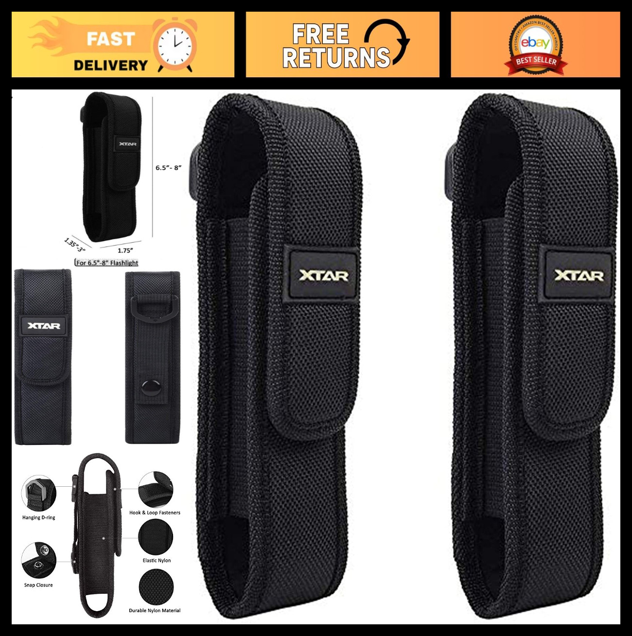 2-Pack Flashlight Battery Pouch Holster for 6.5"-8" Tactical Lights, Compatible