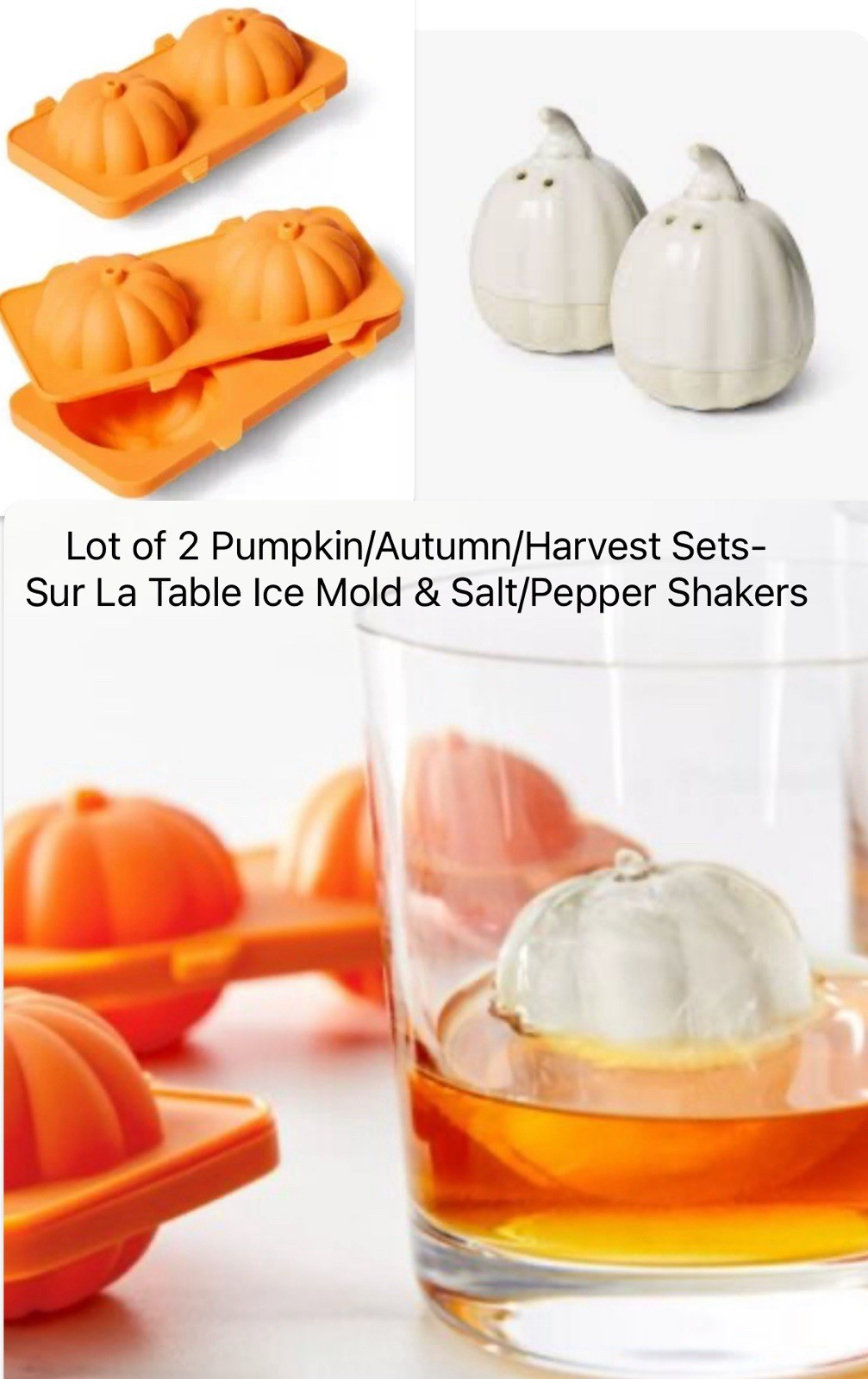 Lot Of 2 Sur La Table Pumpkin Items- 1) Ice Molds & 2) Salt & Pepper Shakers-New