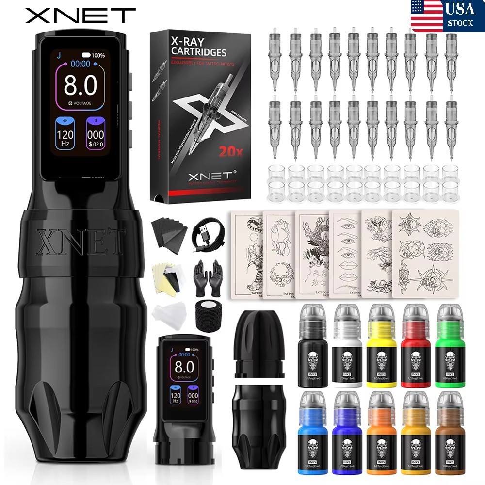 Wireless Tattoo Machine Full Kit 20pcs Needles Coreless Motor 2400mAh Battery US