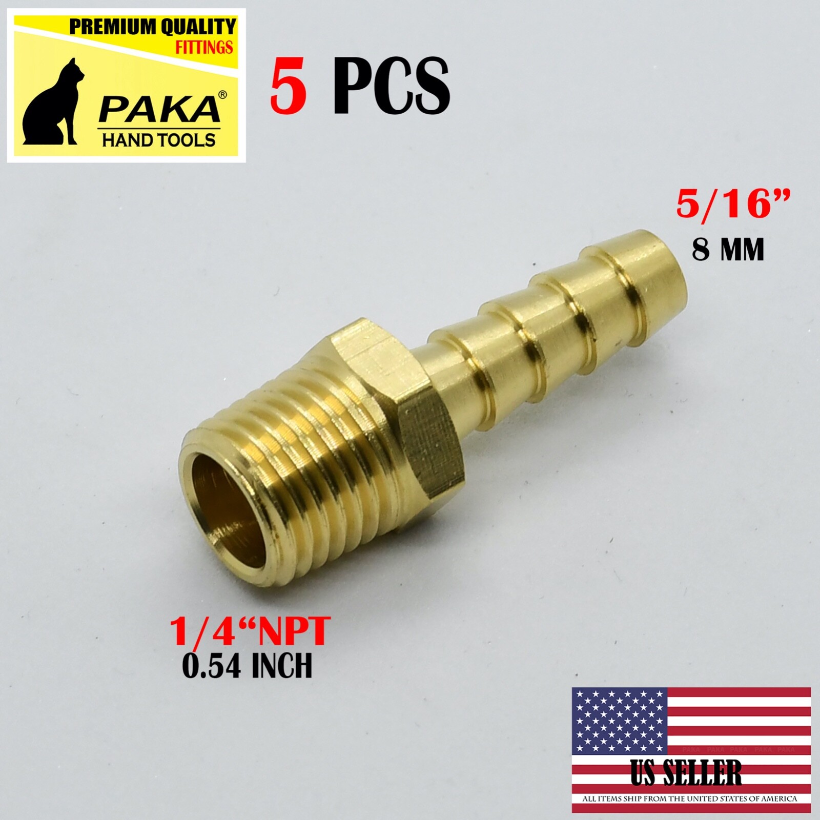 5/16" HOSE BARB X 1/4 MALE NPT Brass Pipe Fitting NPT Thread Gas Fuel Water 5PC