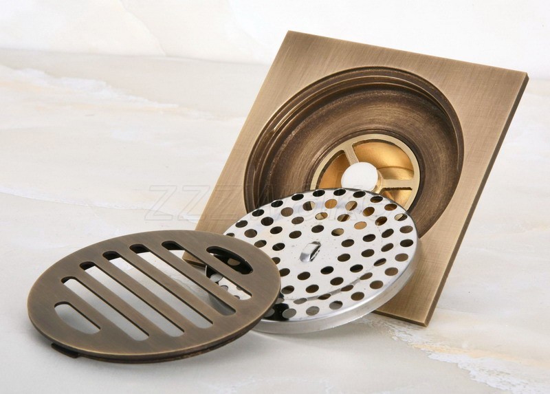 Carved Antique Brass Square Shower Drain Floor Waste Drain Cover Strainer Zhr047