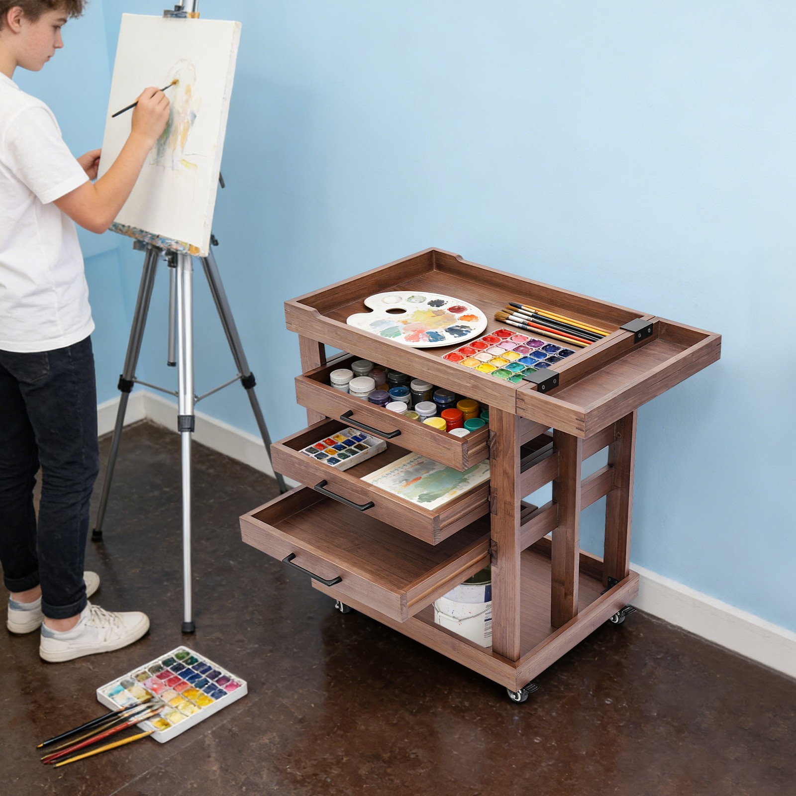 Art Supplies Storage Cart 5-Tier Pine Wood Rolling Cart Painting Cart & 3 Drawer