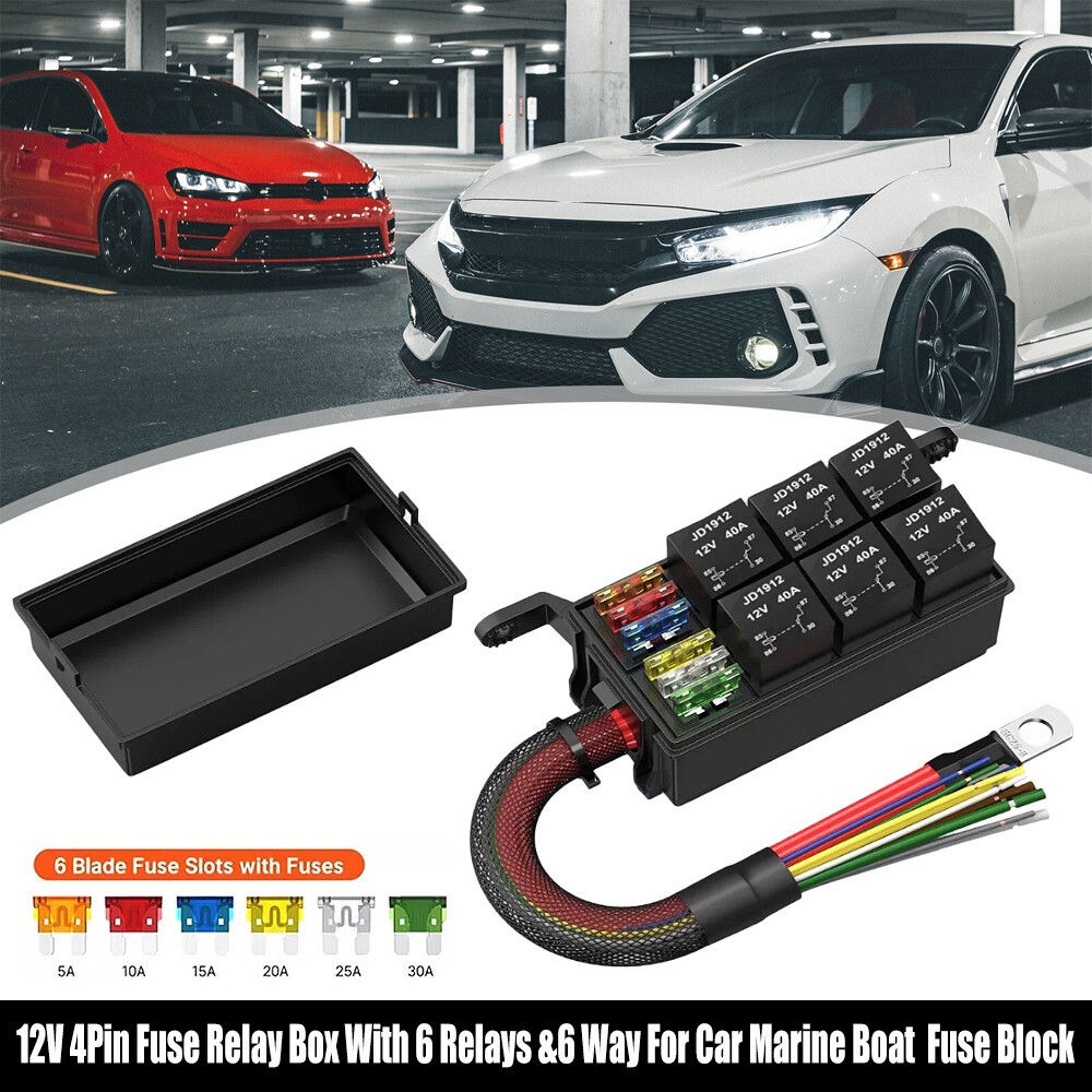 12V 4Pin Fuse Relay Box With 6 Relays &6 Way For Car Marine Boat  Fuse Block