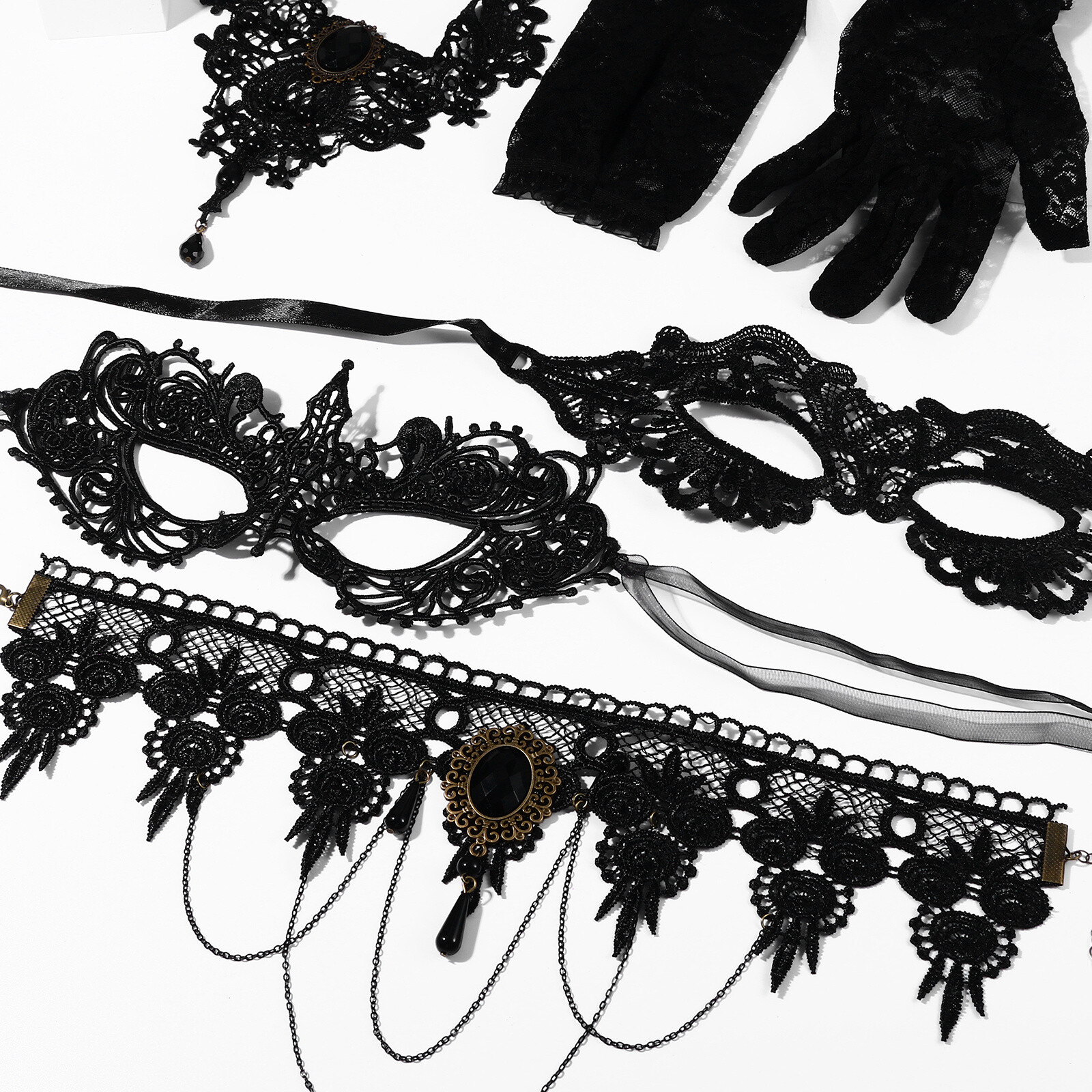 6pcs Masquerade Costume Set Lace Mask Choker Necklace Gloves Halloween Cosplay