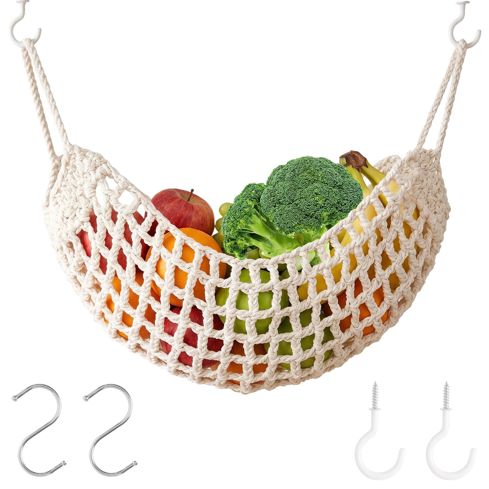 Hanging Fruit Hammock Under Cabinet Cotton Macrame Fruit Storage Net with 4 H...
