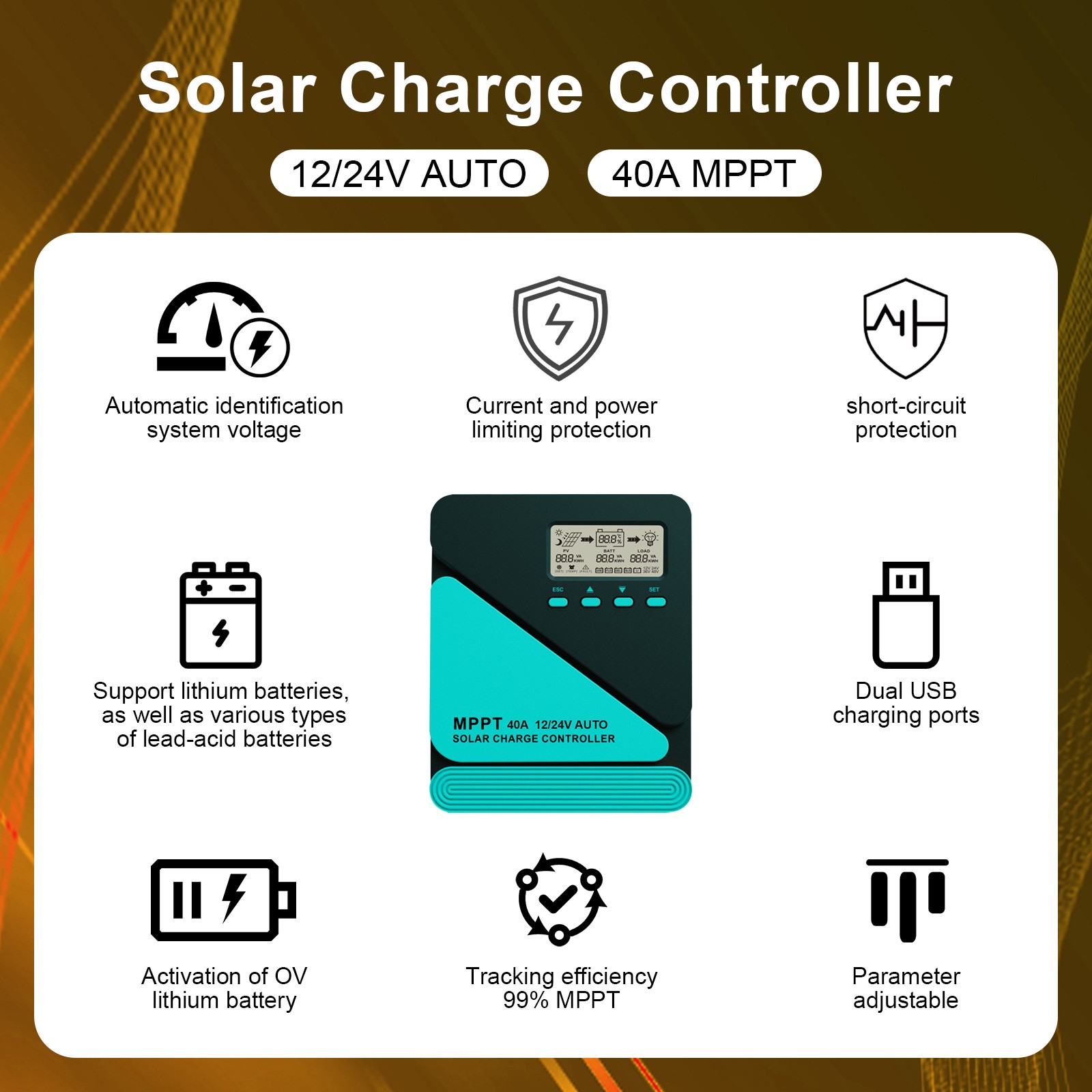 MPPT 40A Solar Charge Controller 12V/24V Auto with LCD&USB Intelligent Regulator