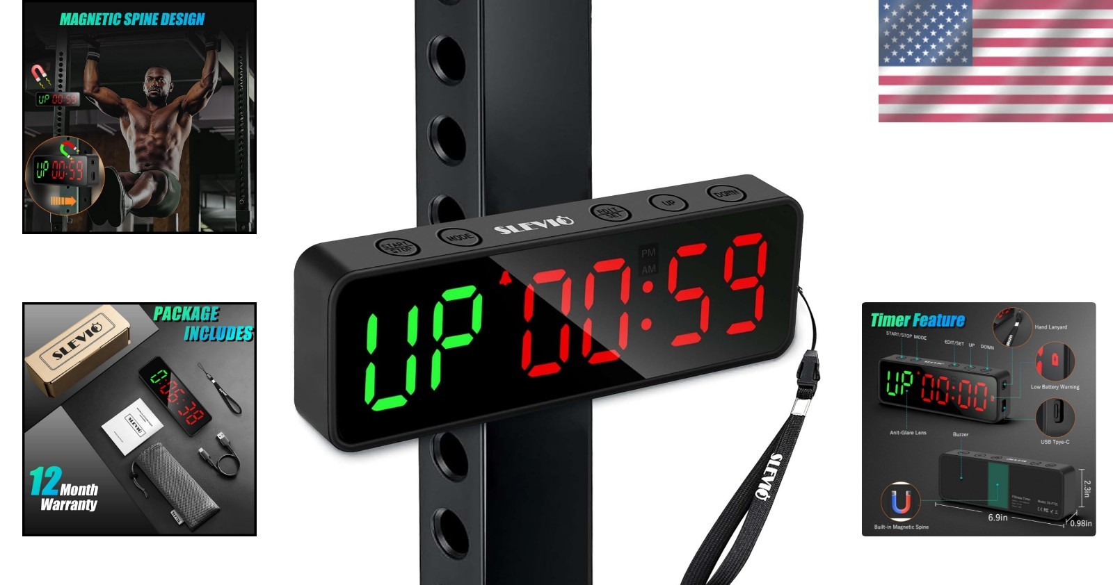 Magnetic Gym Timer Clock - Large LED Display for Interval Workouts, Matte Black