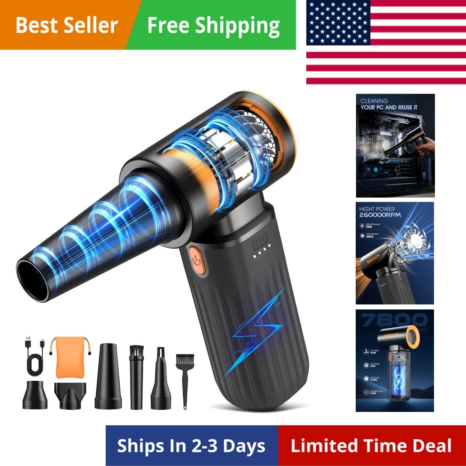 Compressed Air Duster, 260000RPM Cordless Electric Air Blower with Brushless ...