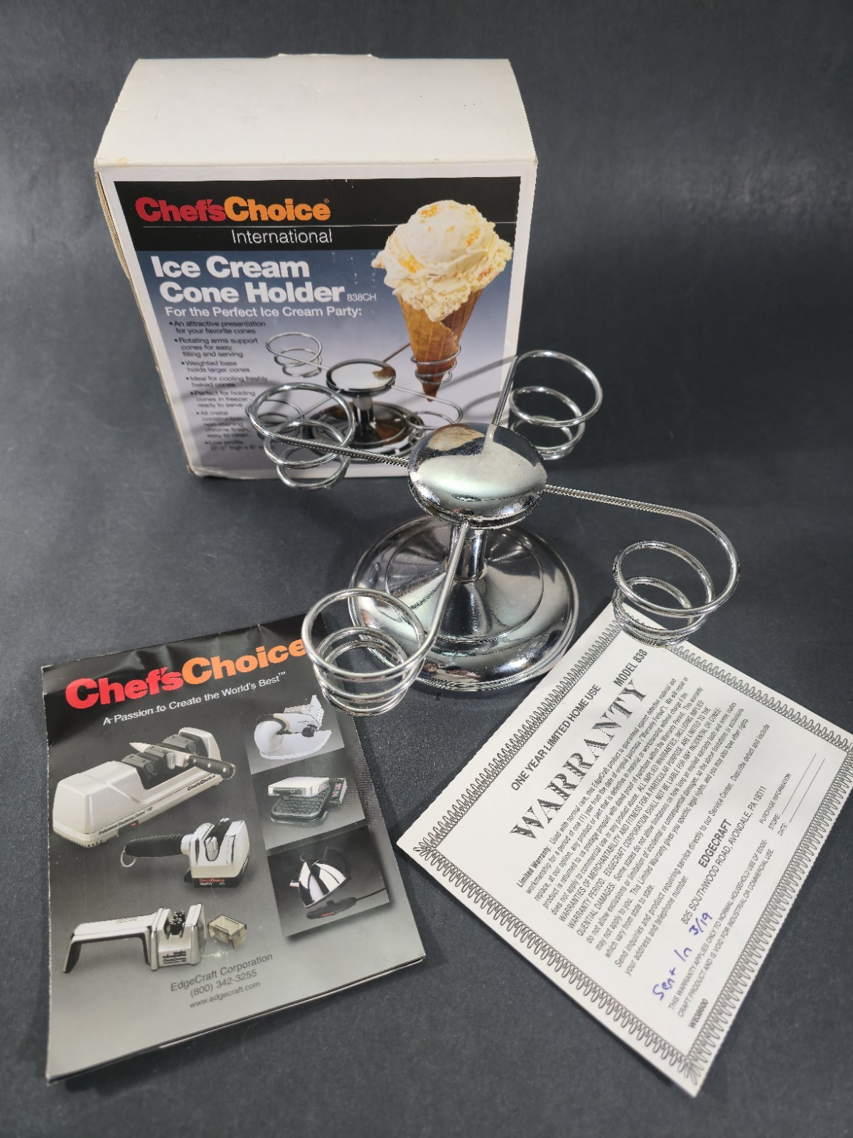 RARE Chef's Choice Stainless Steel Rotating Arm Ice Cream Cone Holder 838CH