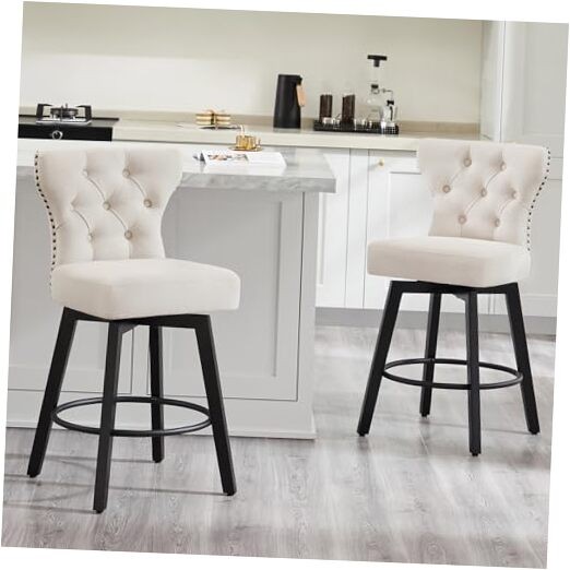 Counter Height Barstools 26 inch Set of 2 Beige Fabric-nailhead Trim
