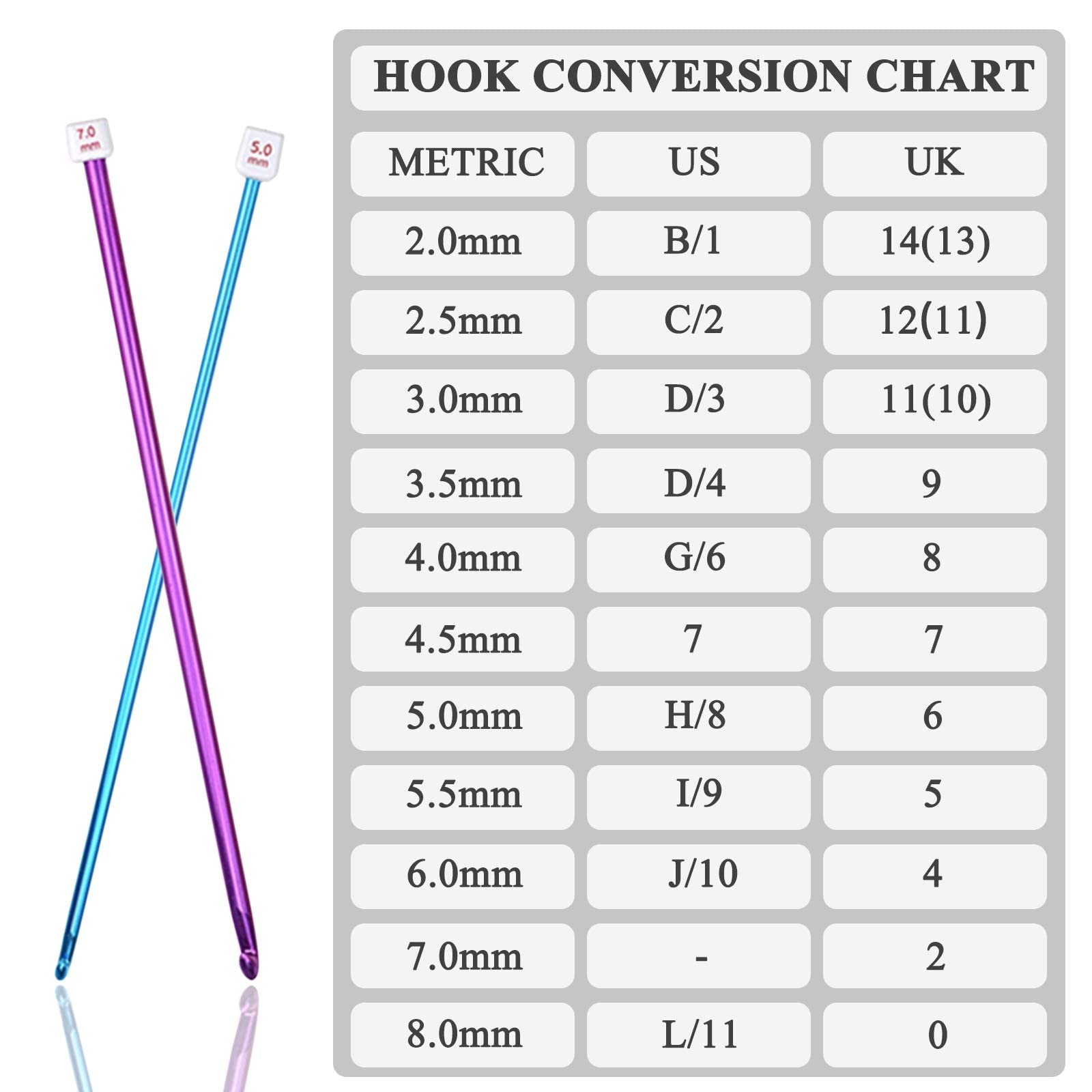 Long Crochet Hooks Set, 11pcs Afghan Needles, 2mm 8mm, Knitting Tools,Multicolor