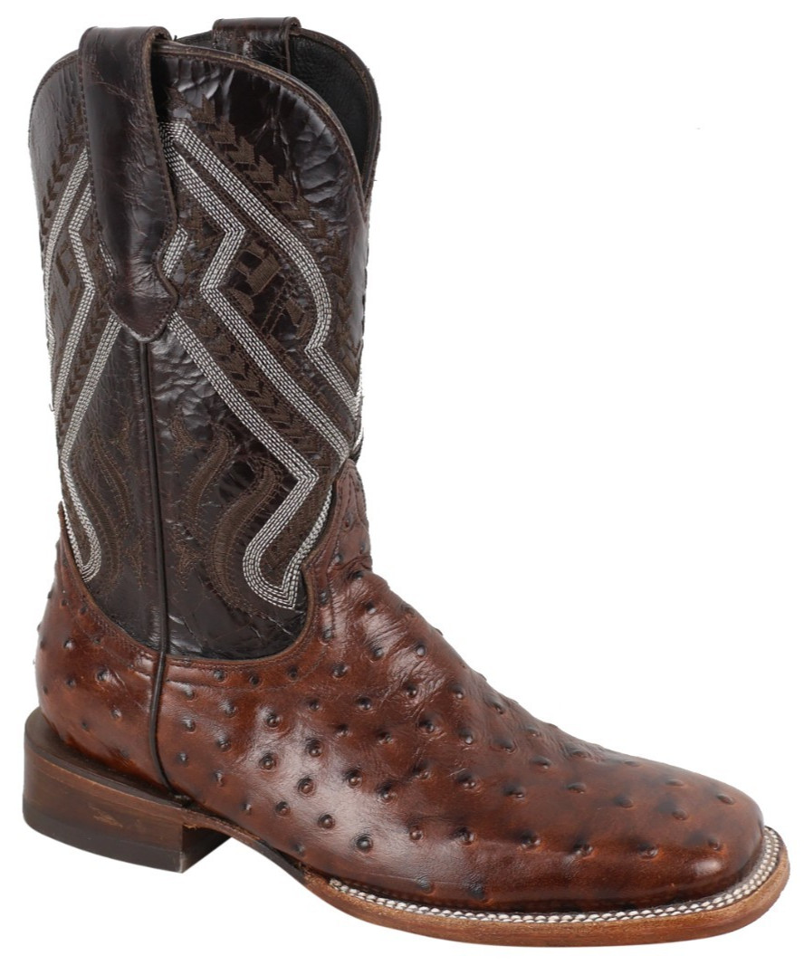 Men Genuine Leather Ostrich Print Western WideSquare Toe Brown Boots Handcrafted