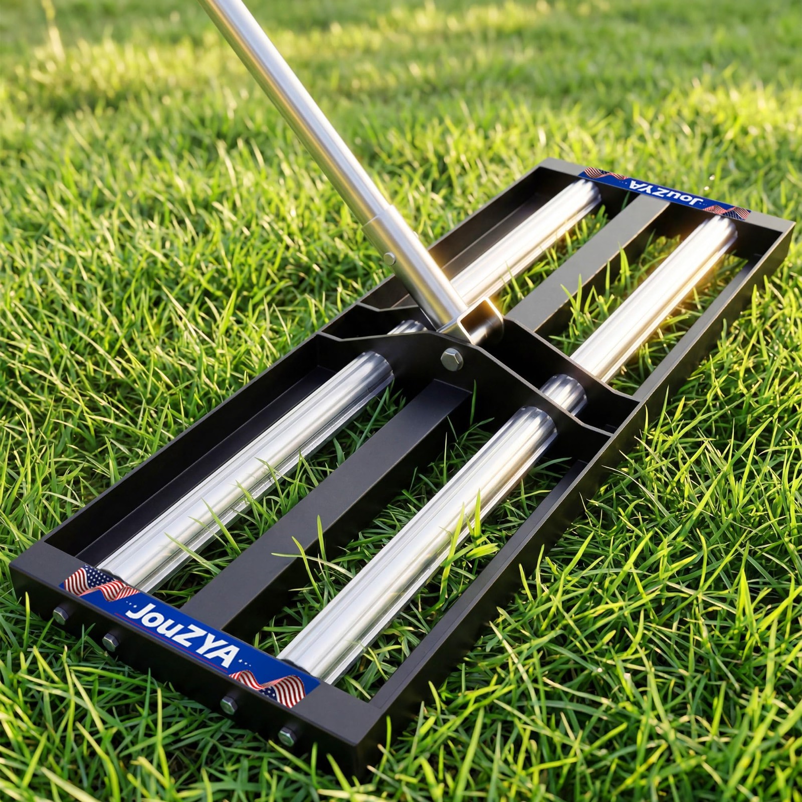 Lawn Leveling Rake 17"x10" with Aluminum Rollers, Adjustable 27-80" Handle, Heav