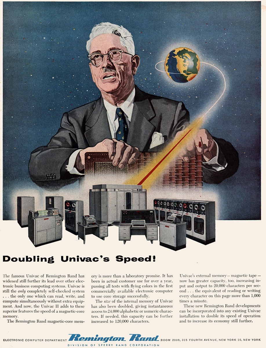 1955 Remington Rand: Doubling Univacs Speed Vintage Print Ad