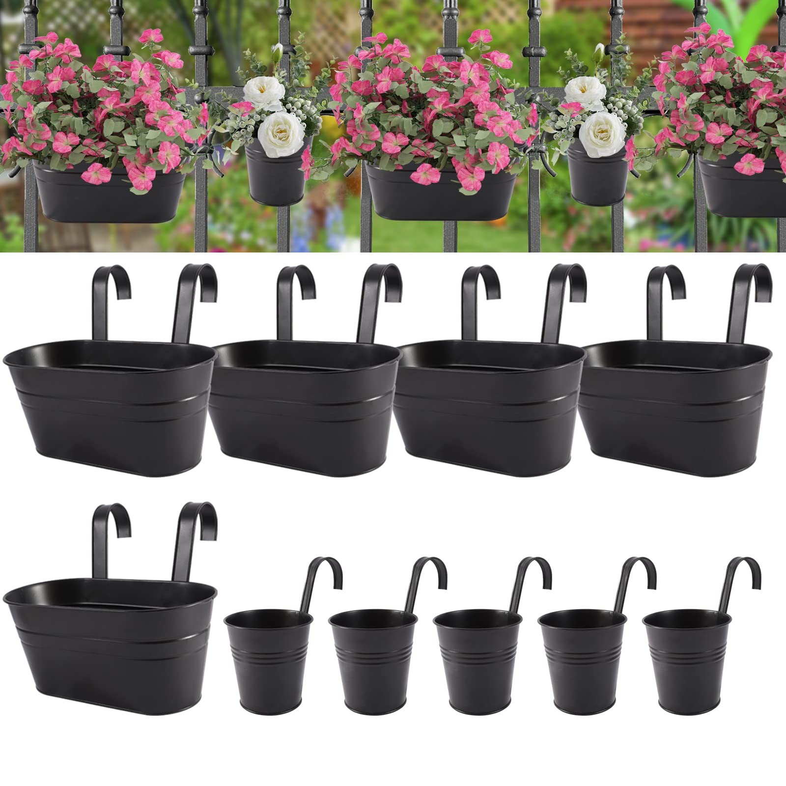 Metal Iron Flower Pots for Railing Fence Hanging Bucket Pots(5 Pcs) and Hangi...