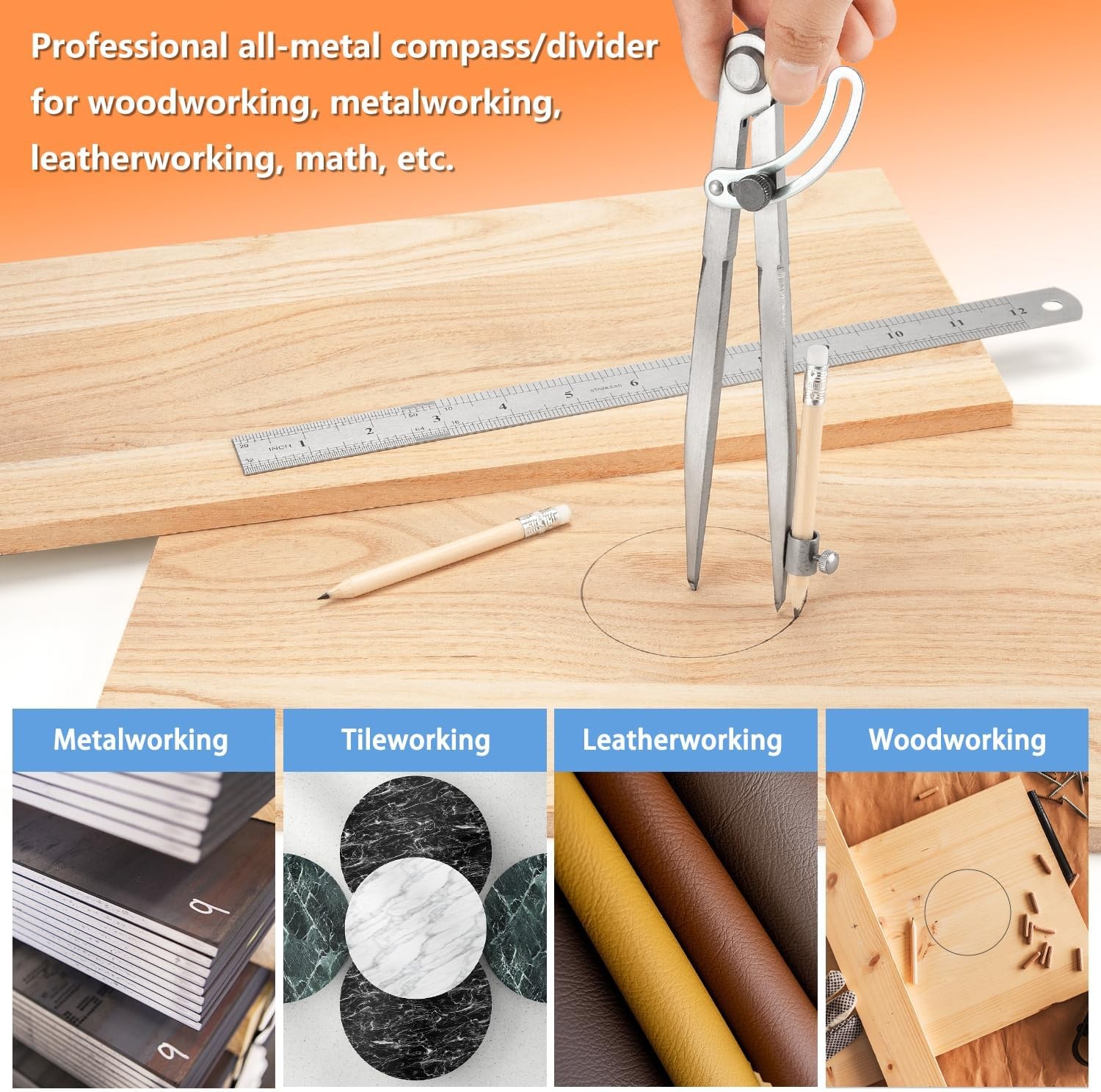 WORKLION Woodworking Compass Geometry Set - Large Locking 8 Inch, Silvery