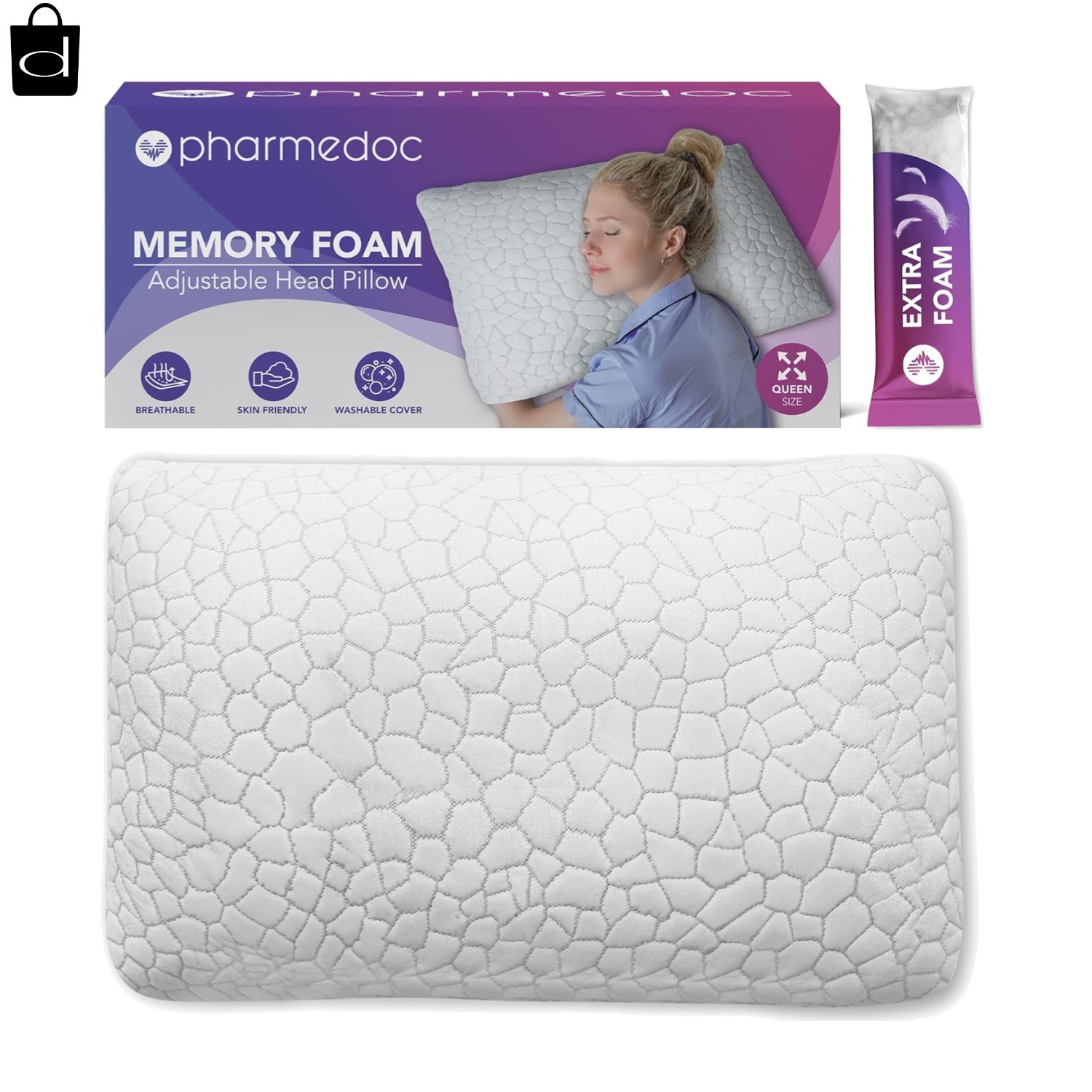 Pharmedoc Adjustable Shredded Memory Foam Bed Pillow - Perfect for Side Sleep