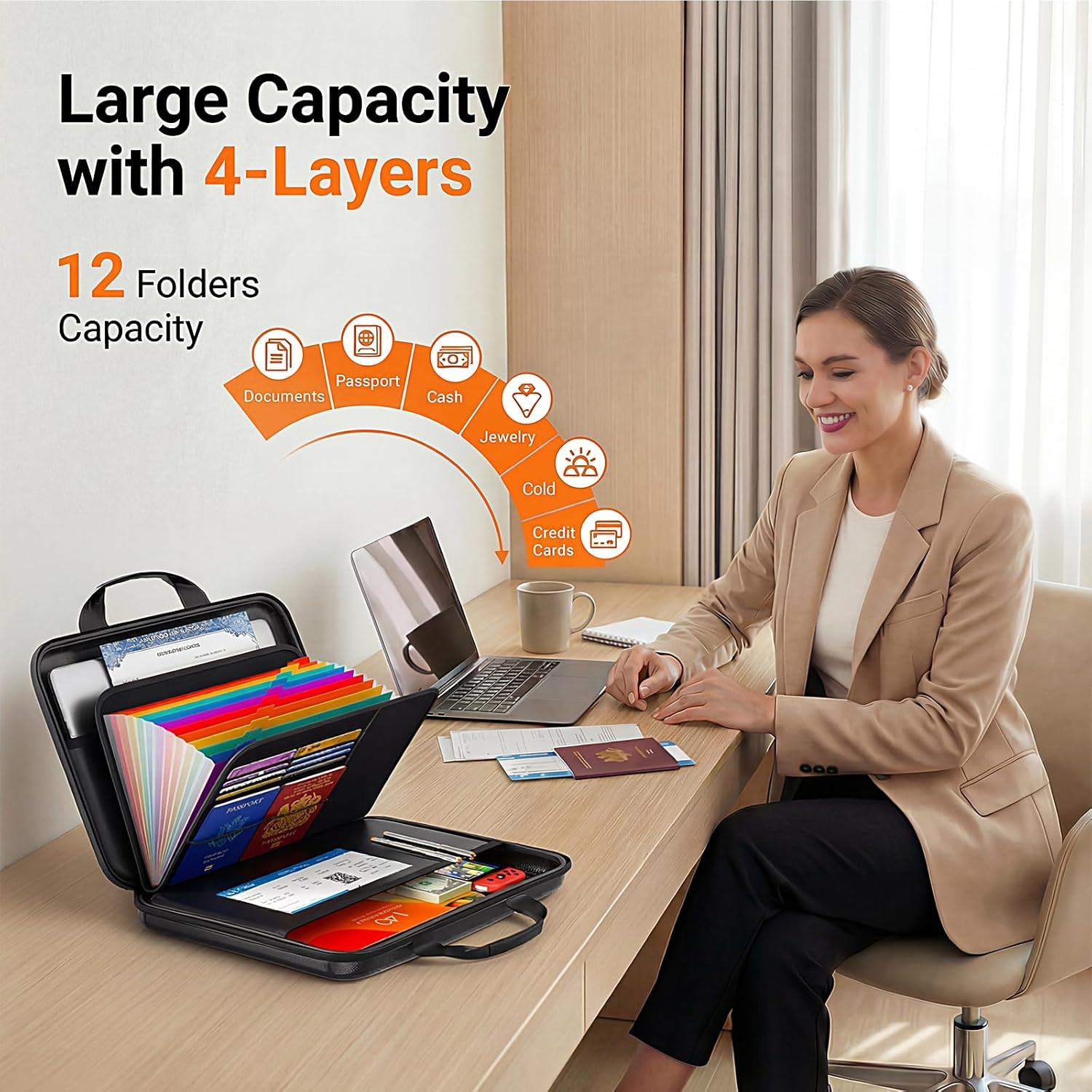 Fireproof Document Organizer with Lock, Rigid EVA File Box with 13-Pocket Accord