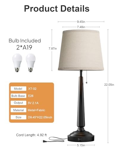 22'' Table Lamps for Bedroom Set of 2: Tall Black Table Lamps with USB XT-02