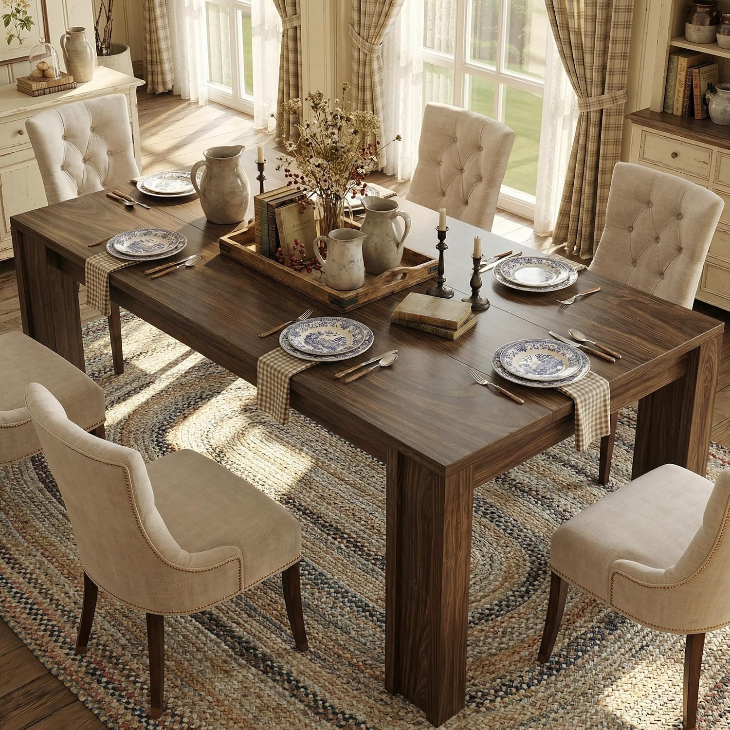 71" Long Dining Table for 6-8, Farmhouse Rectangular Wood Kitchen Table with Wid
