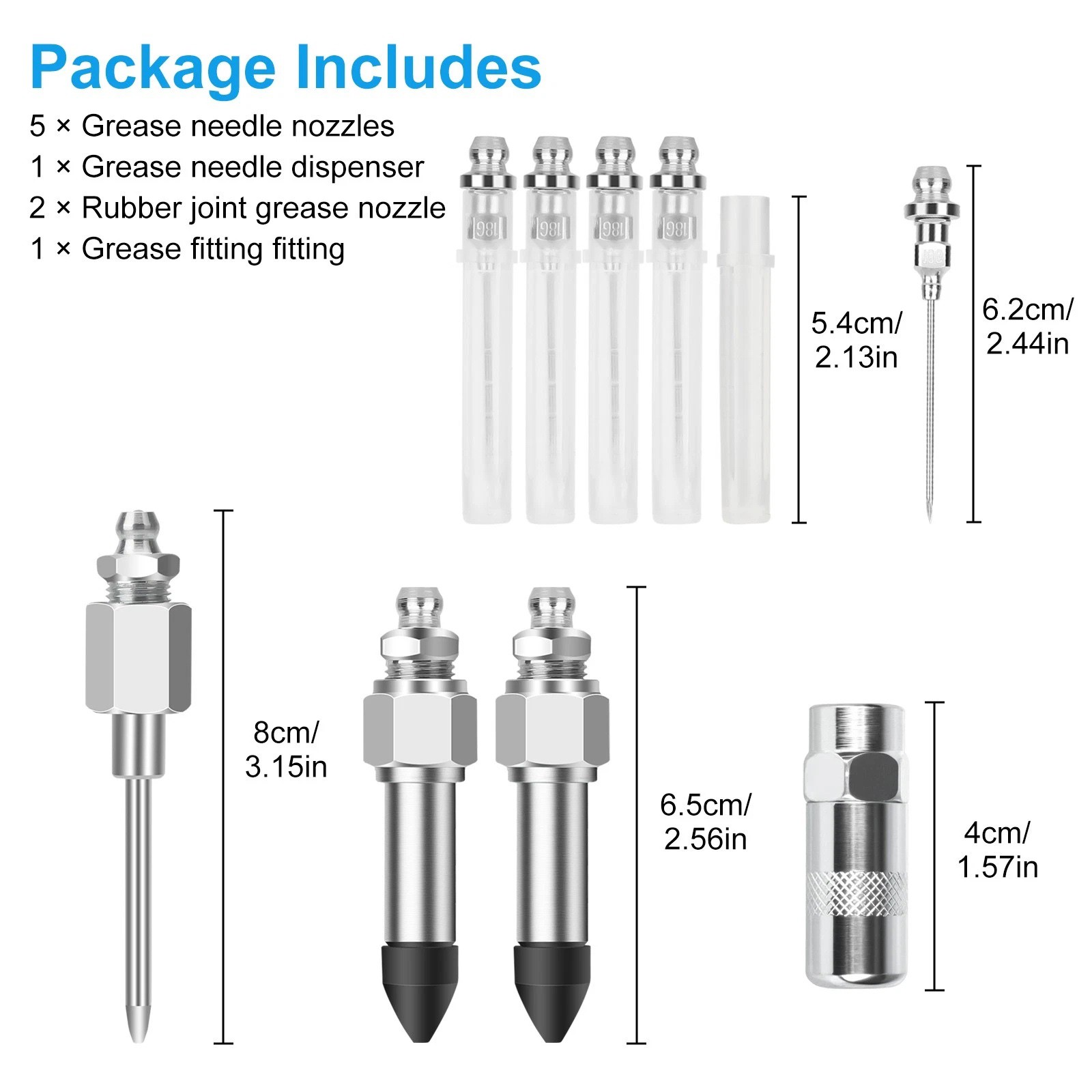 Complete Grease Injector Needle Nozzle Kit with Rubber Adapter Tool 9Pcs Set